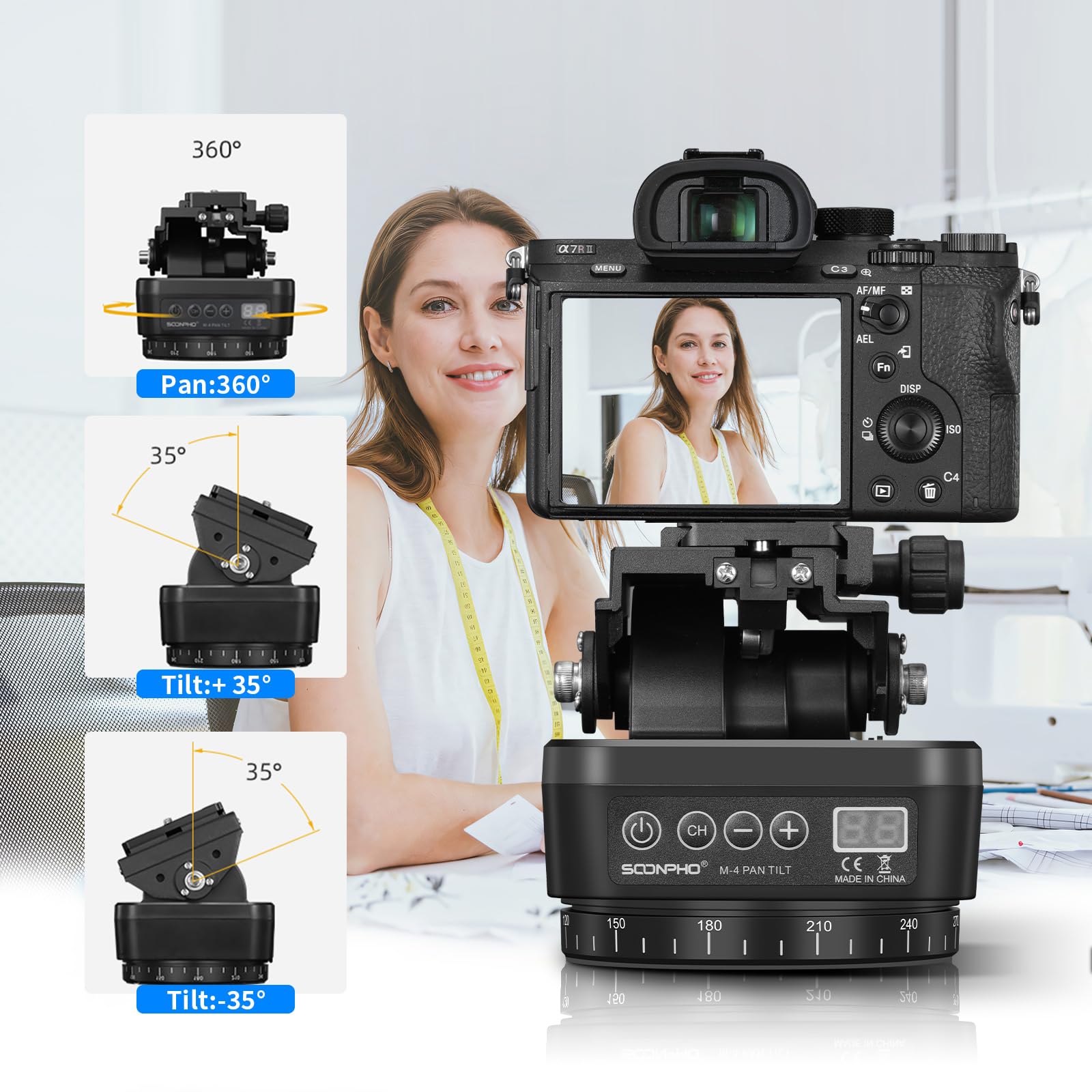 Soonpho M4 Motorized Rotating Panoramic Tripod Head, Remote Control 360� Pan Tilt Head With Mobile Phone Clip For Dslr Cameras, Camcorders, Smartphones, Tripod