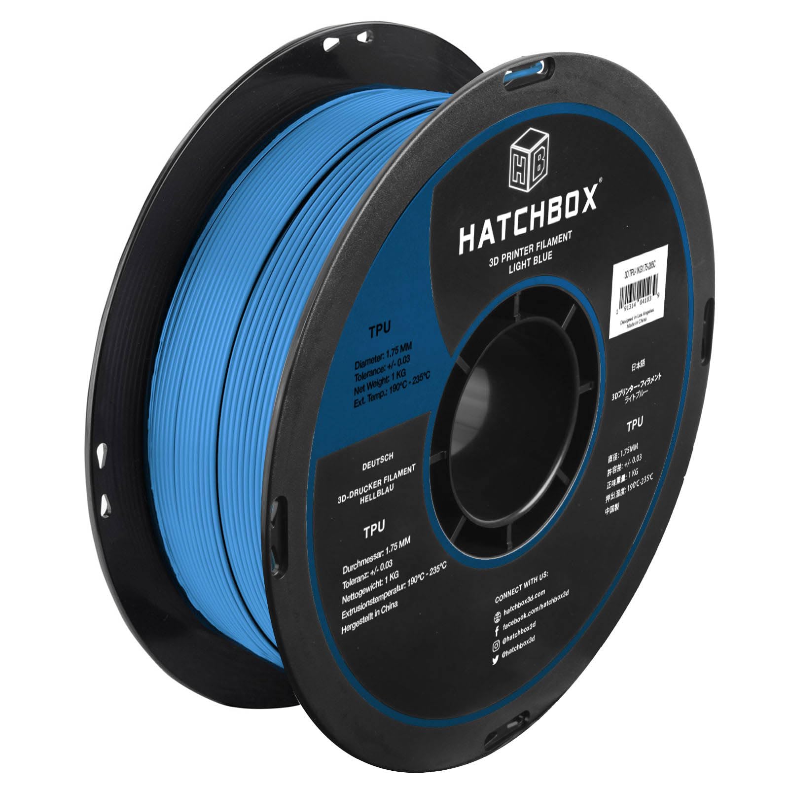 HATCHBOX 1.75mm Light Blue TPU 3D Printer Filament Shore 95A, 1 KG Spool, Dimensional Accuracy +/- 0.03 mm, 3D Printing Filament