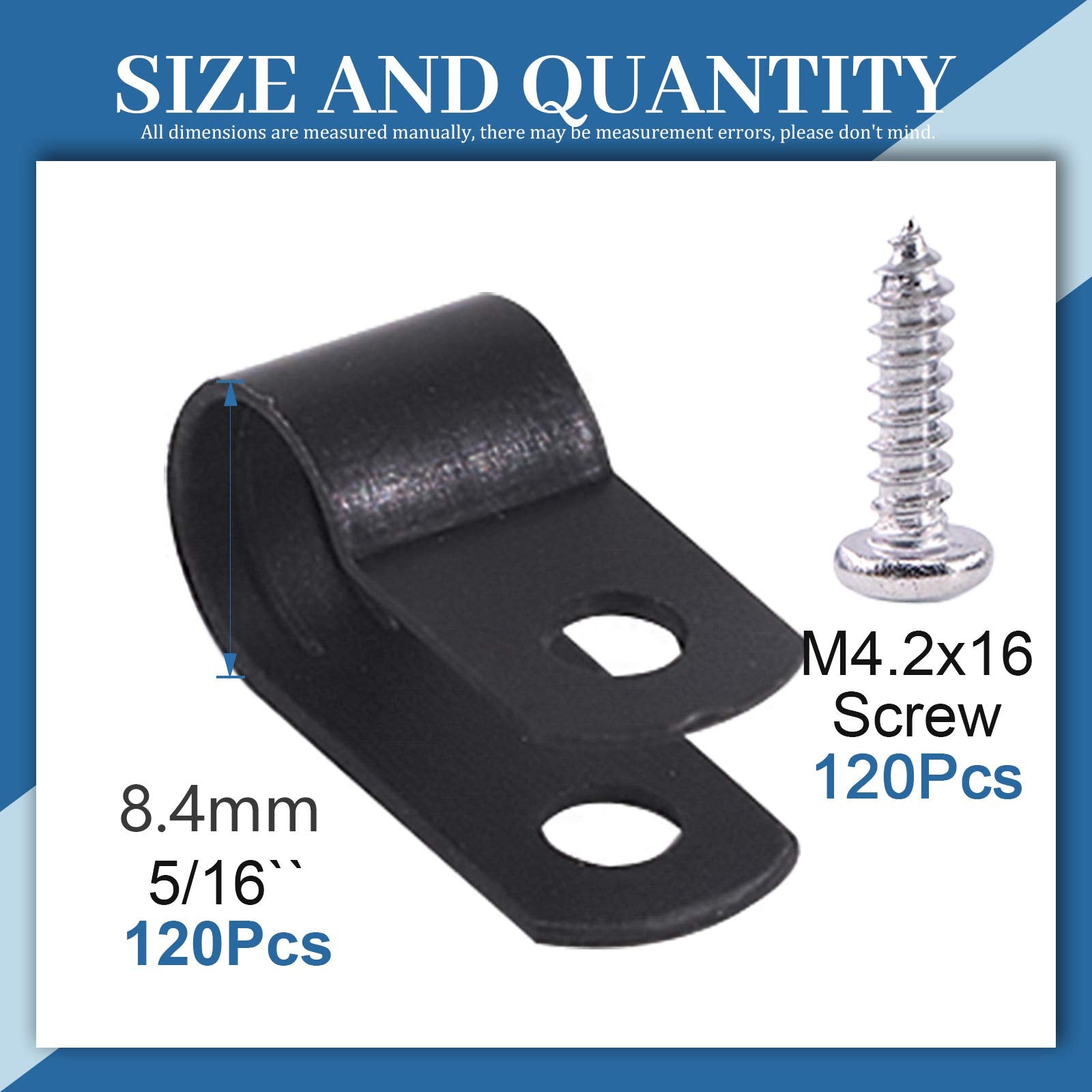 Glarks 120Pcs 5/16 Inch Black Nylon Screw Mounting R Type Cable Clip Wire Clamp With 120Pcs Screws For Wire, Cable, Conduit And