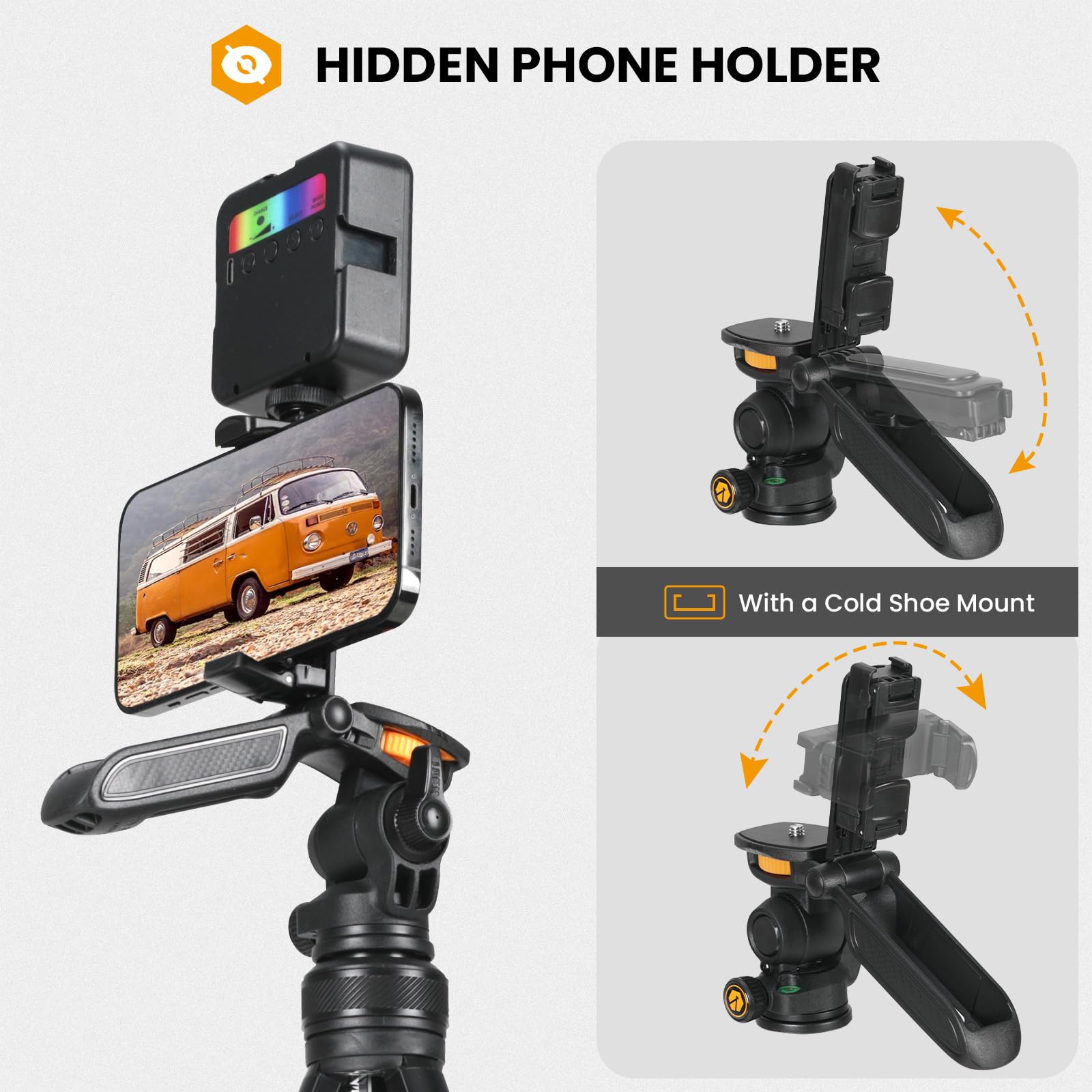 Tarion Travel Tripod For Camera & Phone   Lightweight Camera Tripod Stand With Detachable Pan Tilt Head & Hidden Phone Holder   55'/139Cm Aluminum Tall Dslr Video Tripod For Vlog Photography Squorpion