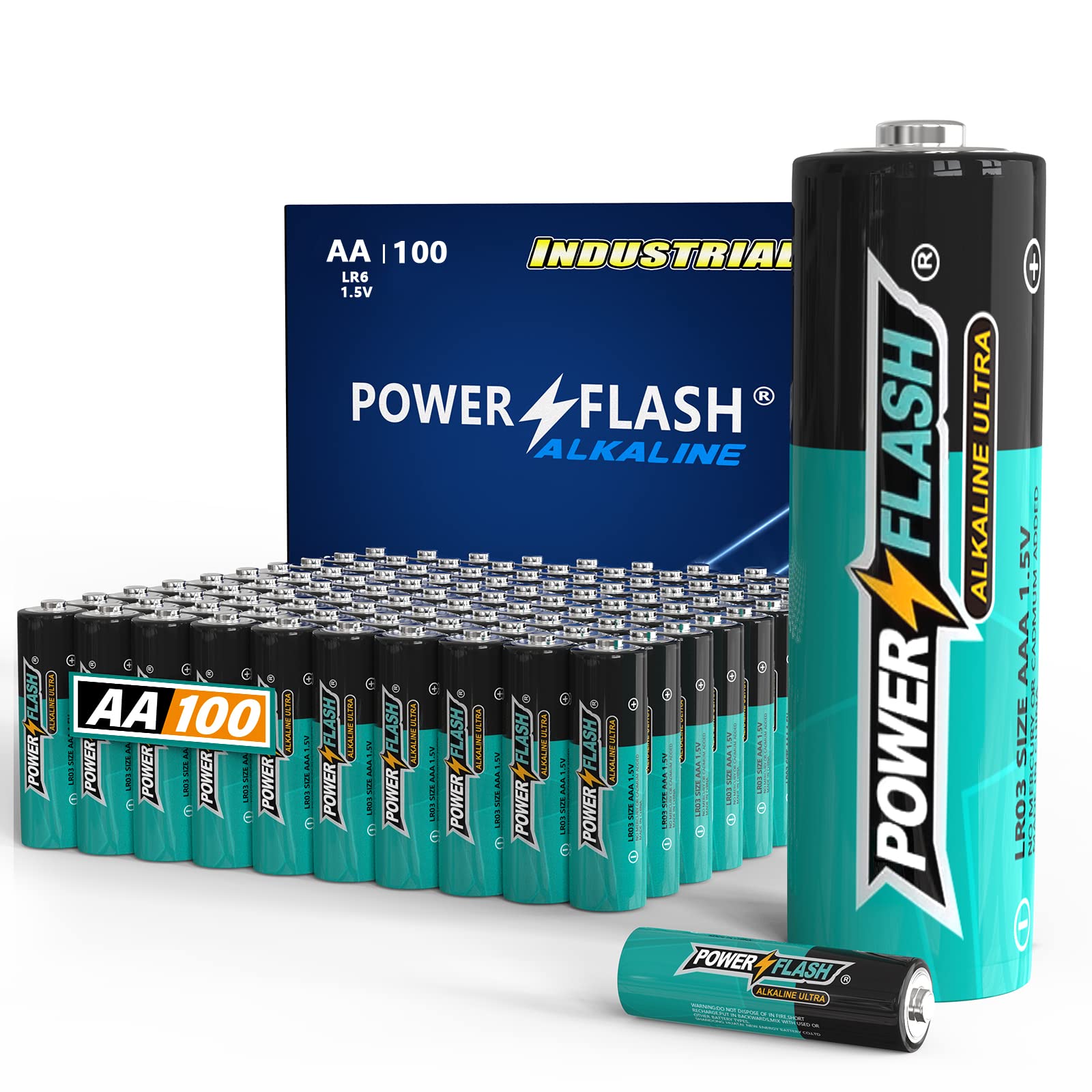 POWER FLASH AA Batteries with Fresh Date - 100 Count Industrial Pack - Ultra Long-Lasting Triple A Alkaline Battery (100 Count P