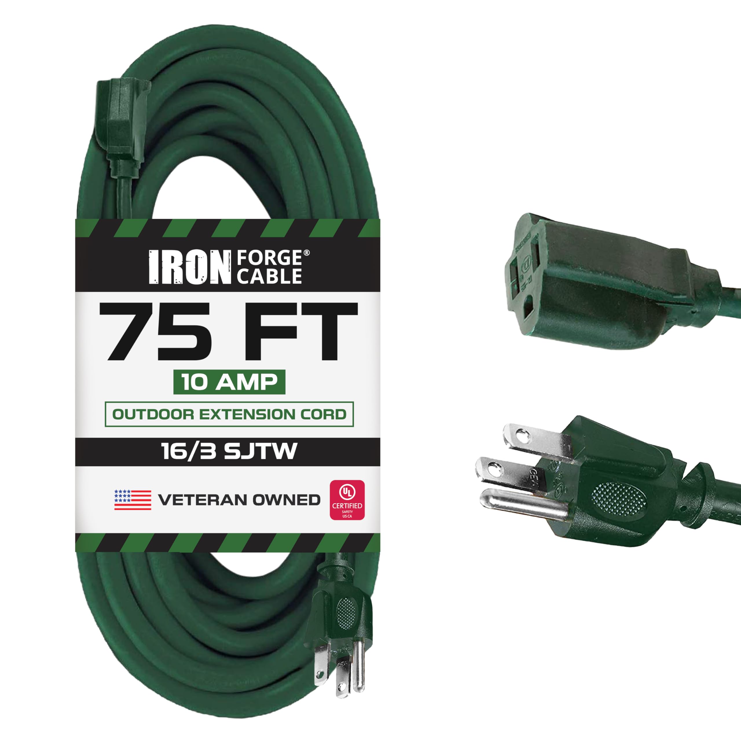 Iron Forge Cable 75 Foot Outdoor Extension Cord   16/3 Sjtw Weatherproof Green Extension Cord 3 Prong Grounded Plug For Safety,