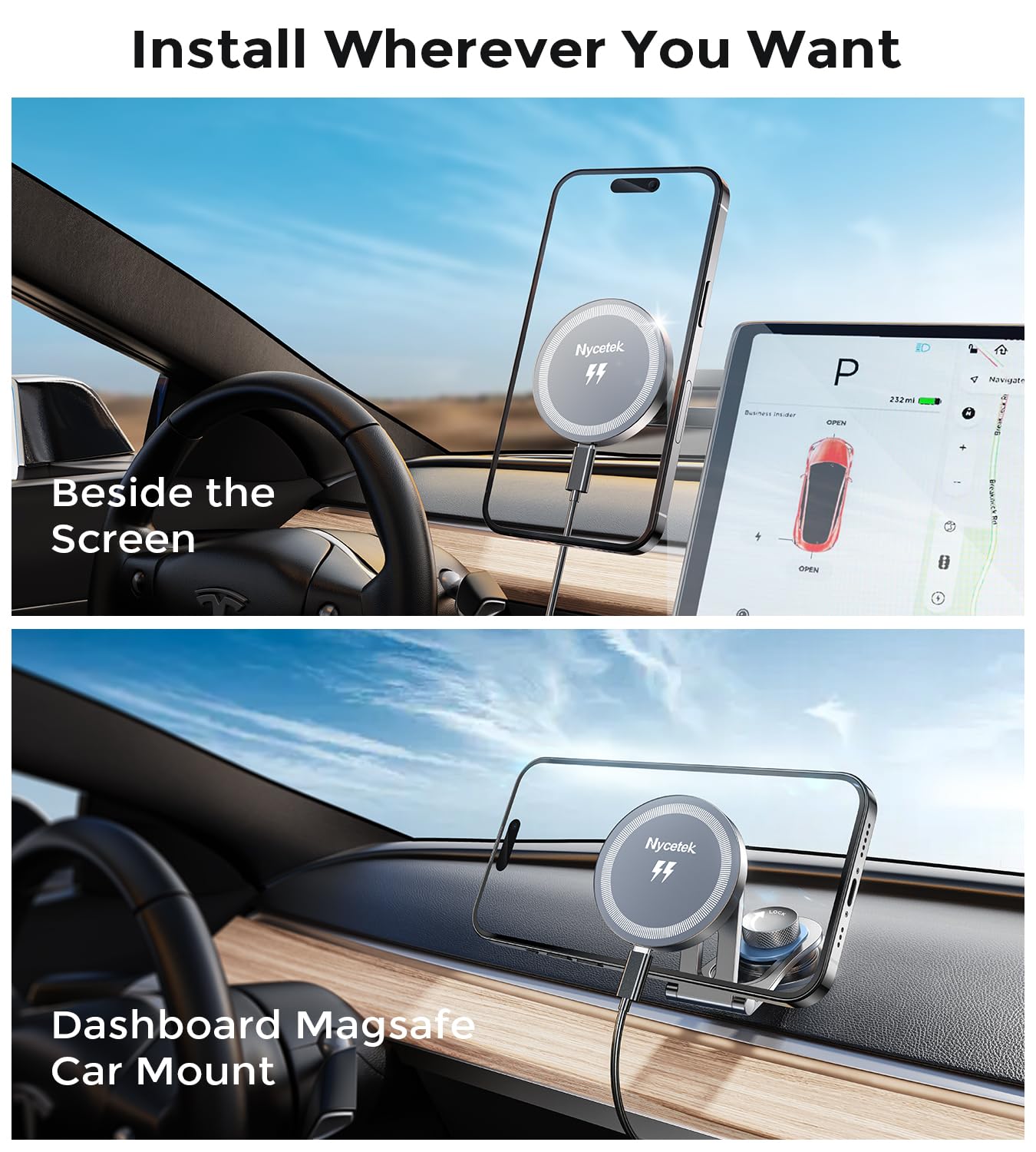 Nycetek For Tesla Phone Mount, 15W Tesla Phone Holder For Model Y/Model 3, Compatible With Magsafe Wireless Car Charger Fit For