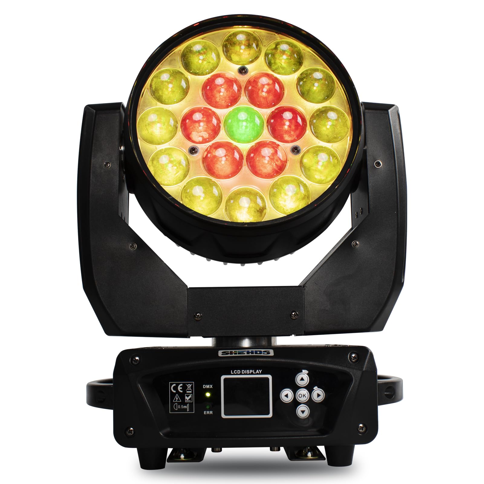 SHEHDS Moving Head Light LED 19x15W RGBW 4in1 Beam/Wash/Zoom Effect Stage Lights Professional DMX512 & Sound Activated Control D