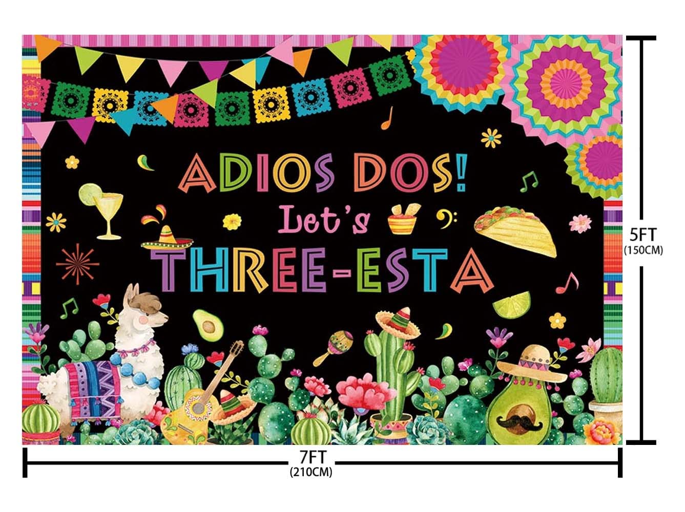 Aibiin 7X5Ft Mexican Third Birthday Backdrop Fiesta Three-Esta Happy Birthday Party Decoration Mexican Fiesta Cactus 3Rd Birthda