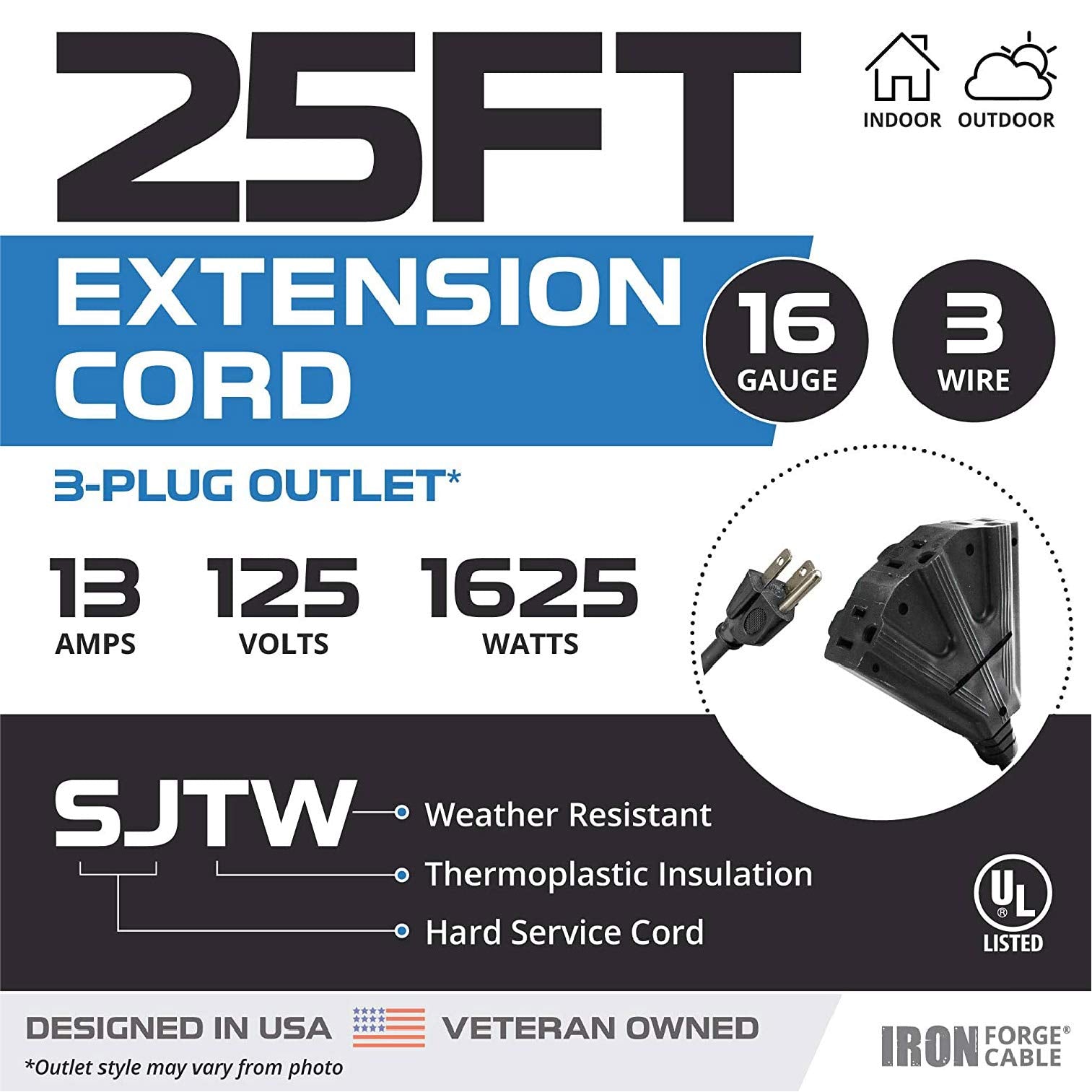 Iron Forge Cable 2 Pack Of 25 Ft Outdoor Extension Cords With 3 Electrical Power Outlets   16/3 Sjtw Durable Black Cable With 3