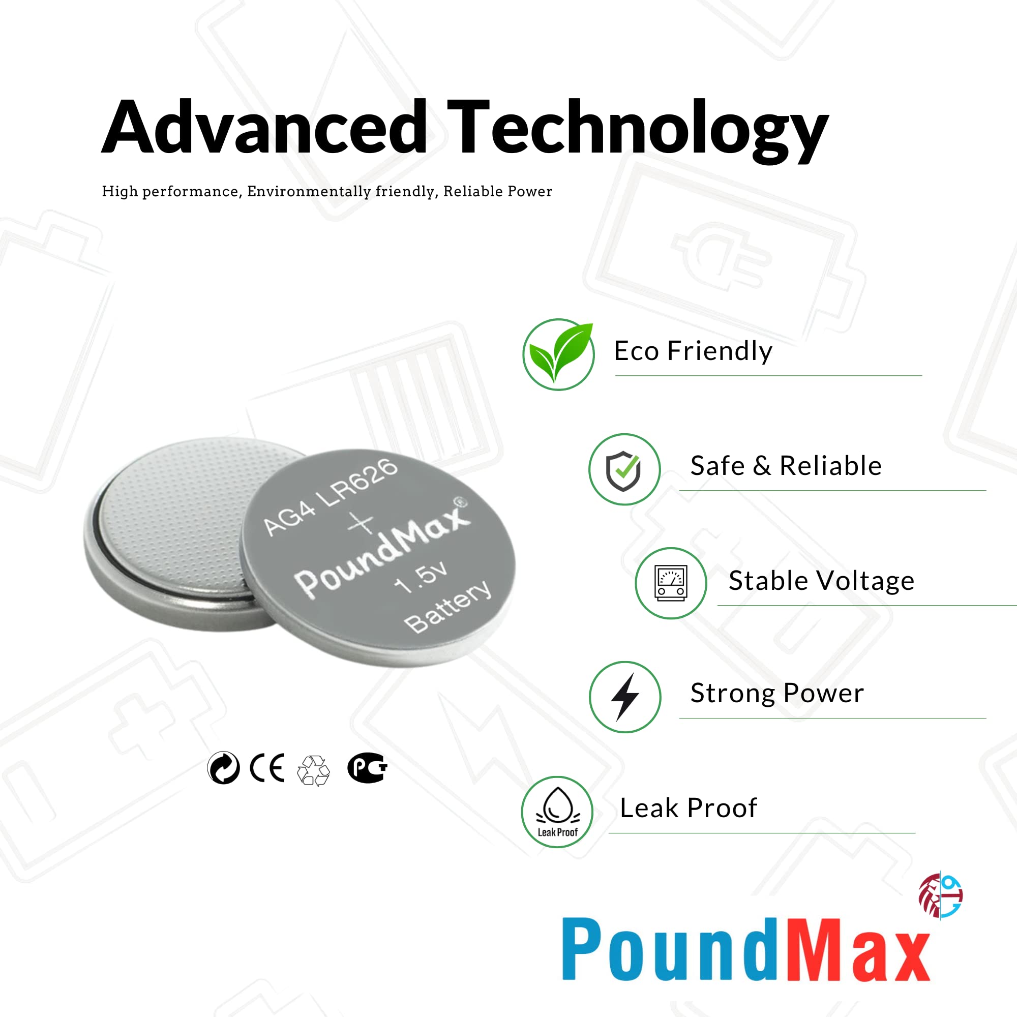 Poundmax Ag4 Lr626 Batteries 1.5V Alkaline Button Cell Battery   10 Count