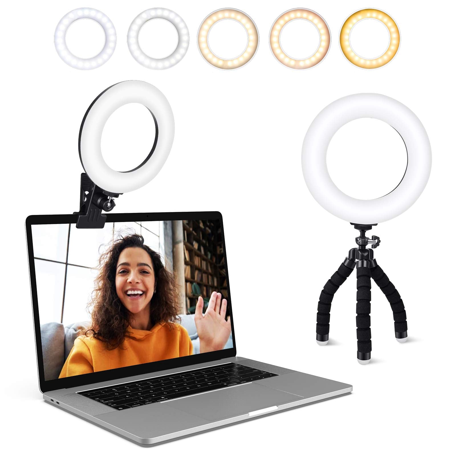 Video Conference Lighting Kit, Ring Light Clip On Laptop Monitor With 5 Dimmable Color & 5 Brightness Level For Webcam Lighting/