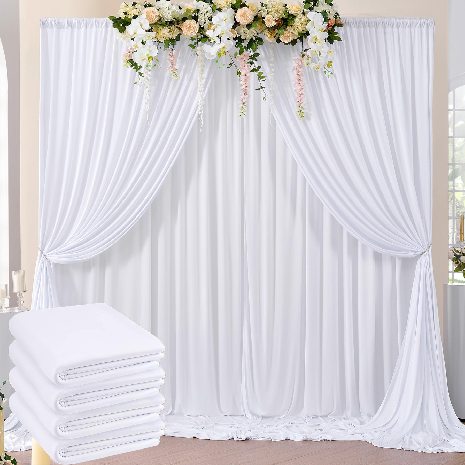 20Ft X 8Ft Wrinkle Free White Backdrop Curtains For Parties, 4 Panels Thick Polyester Photo Backdrop Drapes For Weddings Birthda