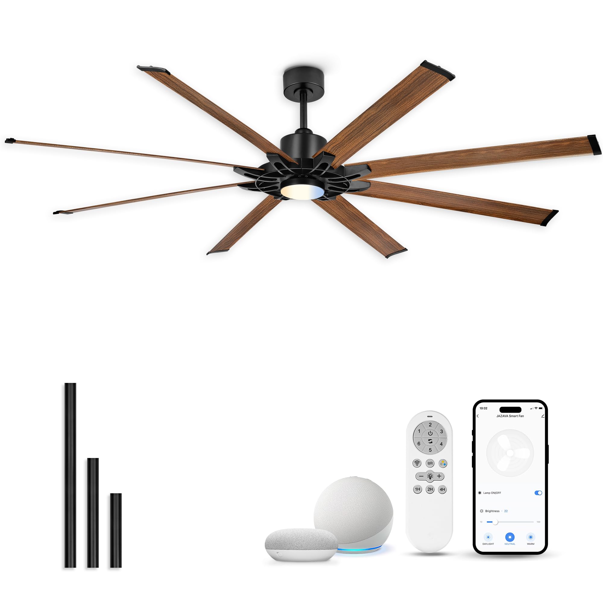 JAZAVA 84 Inch Large Ceiling Fan with Light, Industrial Ceiling Fan with 8 Aluminum Blades, Compatible with Alexa, 6-Speed Rever