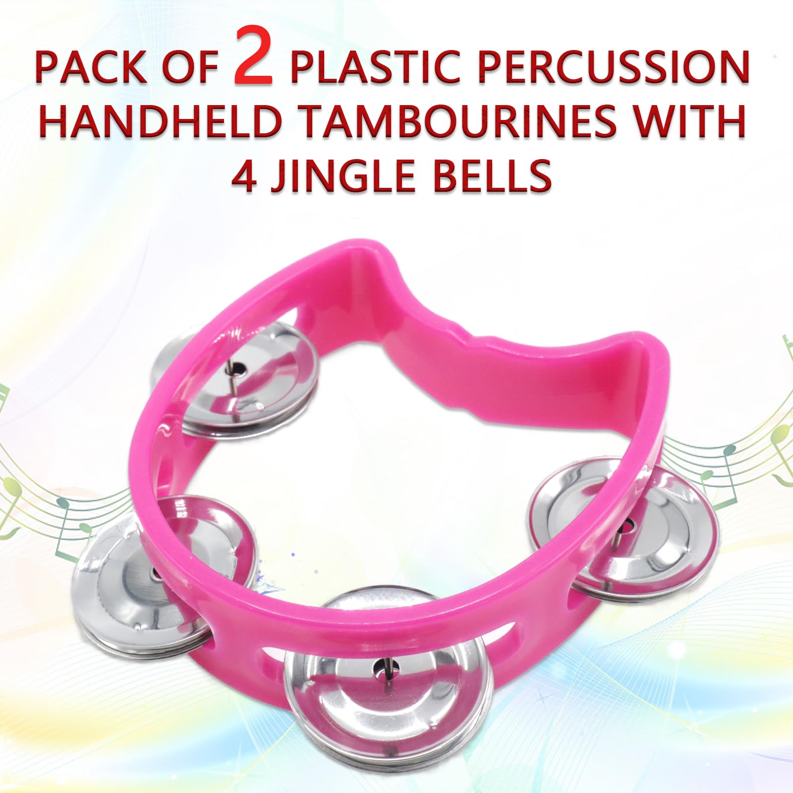 Cheerock Pack Of 2 Plastic Percussion Handheld Tambourines With 4 Jingle Bells, Pink Mini Hand Bell Percussion, Musical Rhythm I