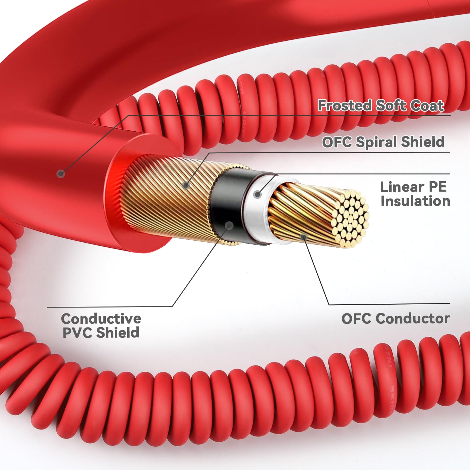 Augioth Curly Guitar Cable 30Ft, Coil Electric Instrument Guitar Bass Cord Amp Lead 1/4 Straight To Angled Red