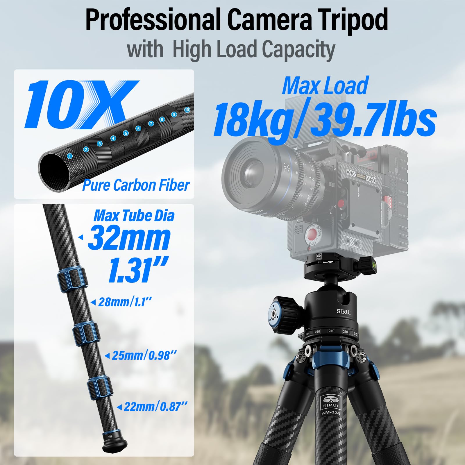 Sirui Am 324 Professional Camera Tripod With Am 40 Low Gravity Ball Head, 60.4� Carbon Fiber Heavy Duty Tripod For Mirrorless Camera, Dslr, 4 Sections, 32Mm Max Tube, Max Load 39.8Lb/18Kg