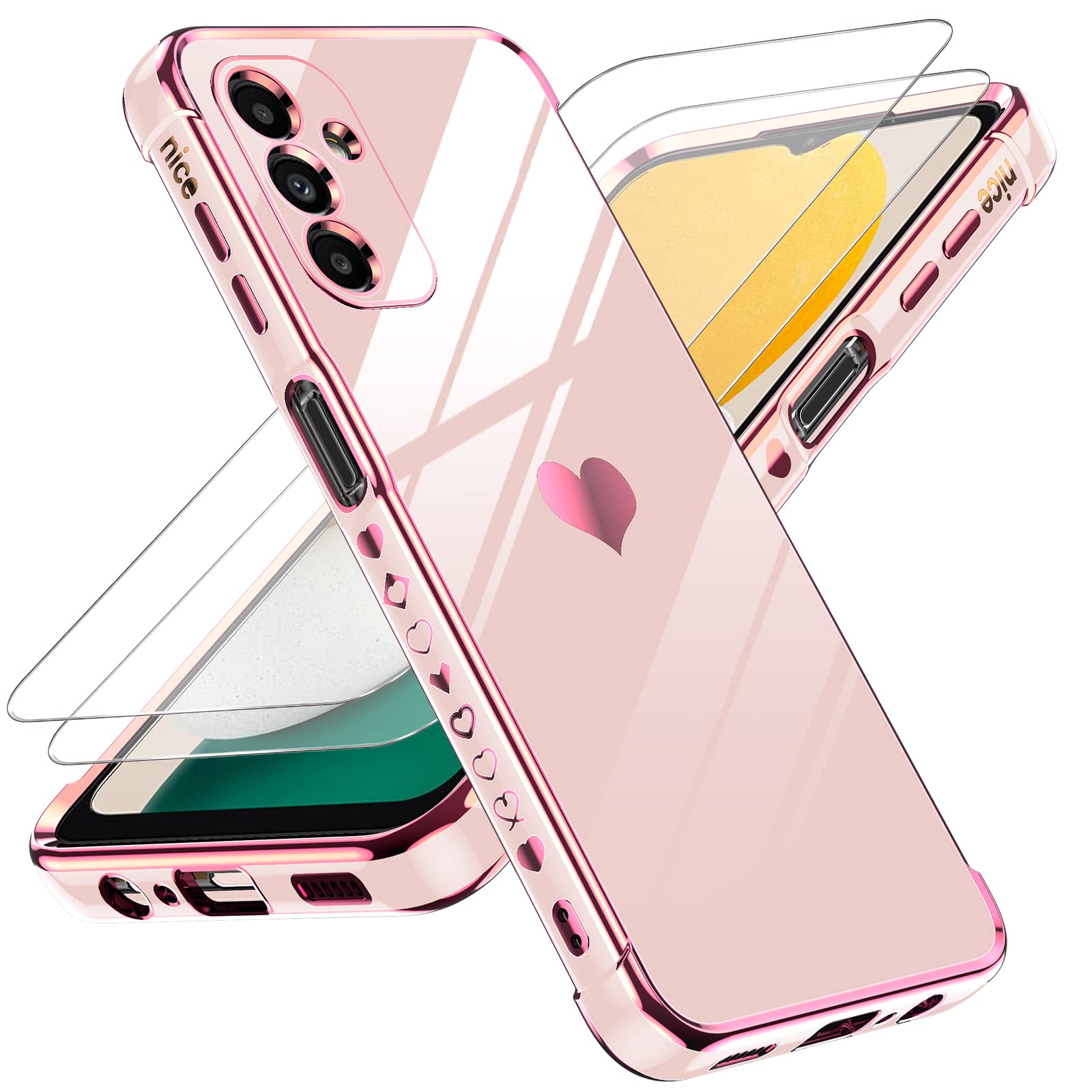 LeYi Samsung Galaxy A13 5G Case Love Heart Plated TPU Shockproof Pink with 2 Screen Protectors