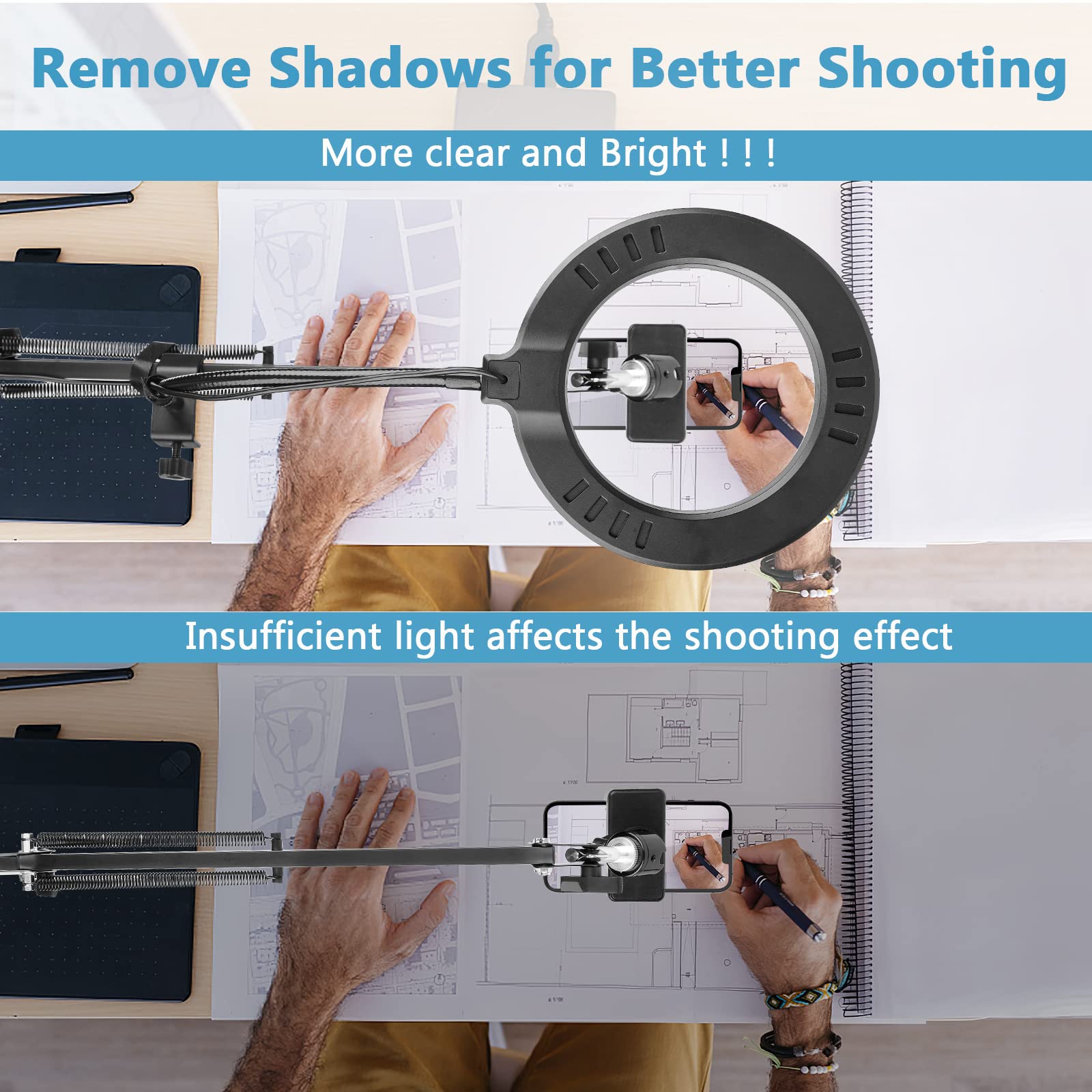 ChromLives Overhead Phone Mount with Ring Light - Flexible Tripod Holder for Video Recording, Top Down Camera Stand