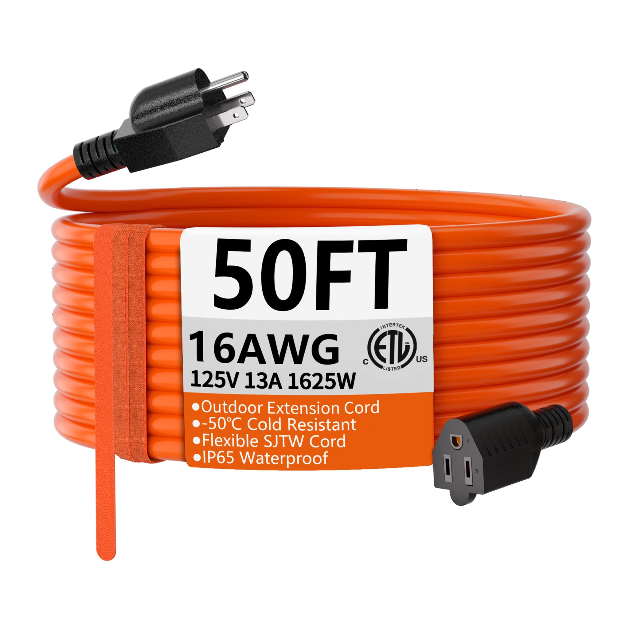 Huanchain 50 Ft 16 Gauge Indoor Outdoor Extension Cord Waterproof, Flexible Cold Weather 3 Prong Electric Cord Outside, 13A 1625