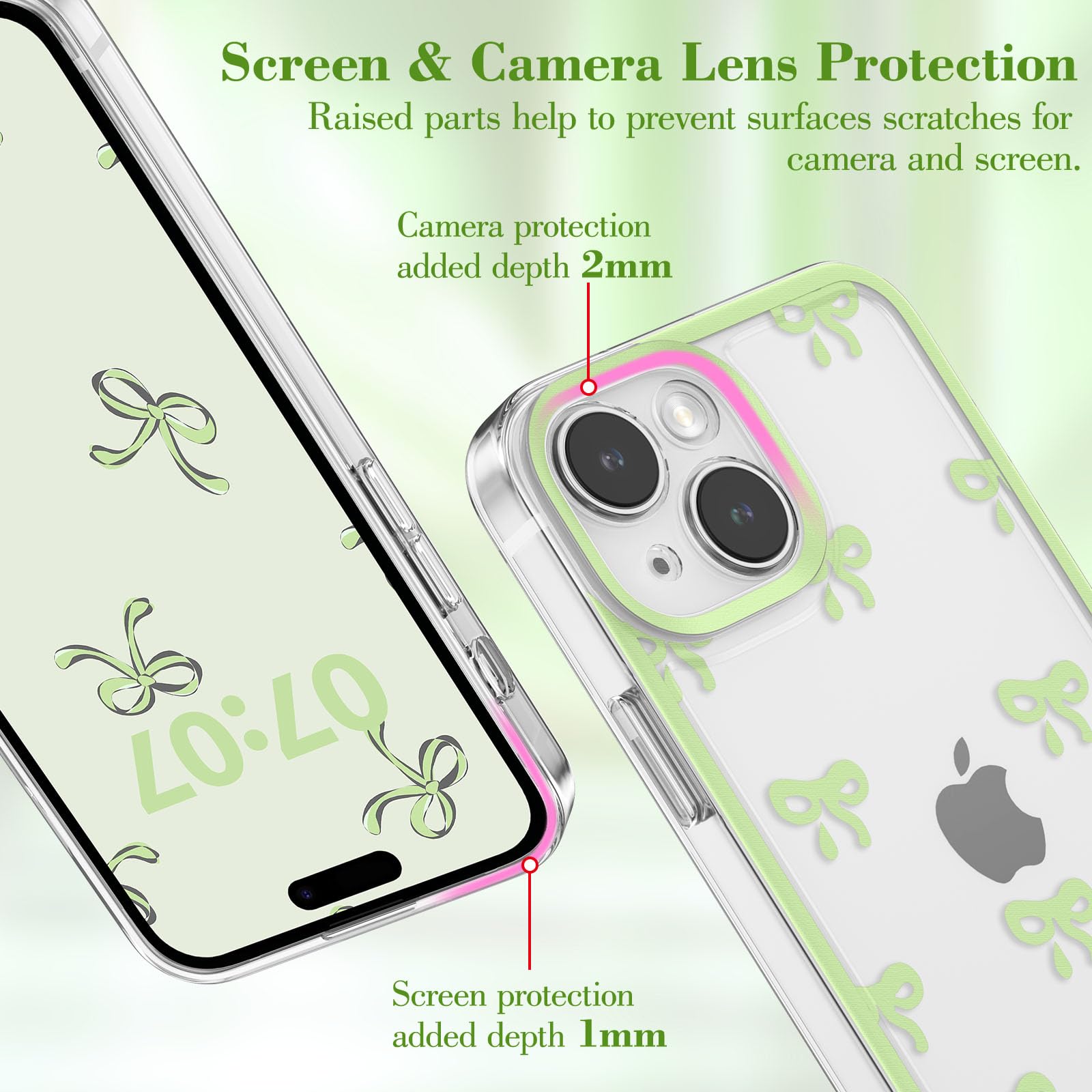 Eyzutak Case For Iphone 15, Clear Cute Ribbon Bowknot Pattern Aesthetic Transparent Phone Case Raised Camera Protection Stylish