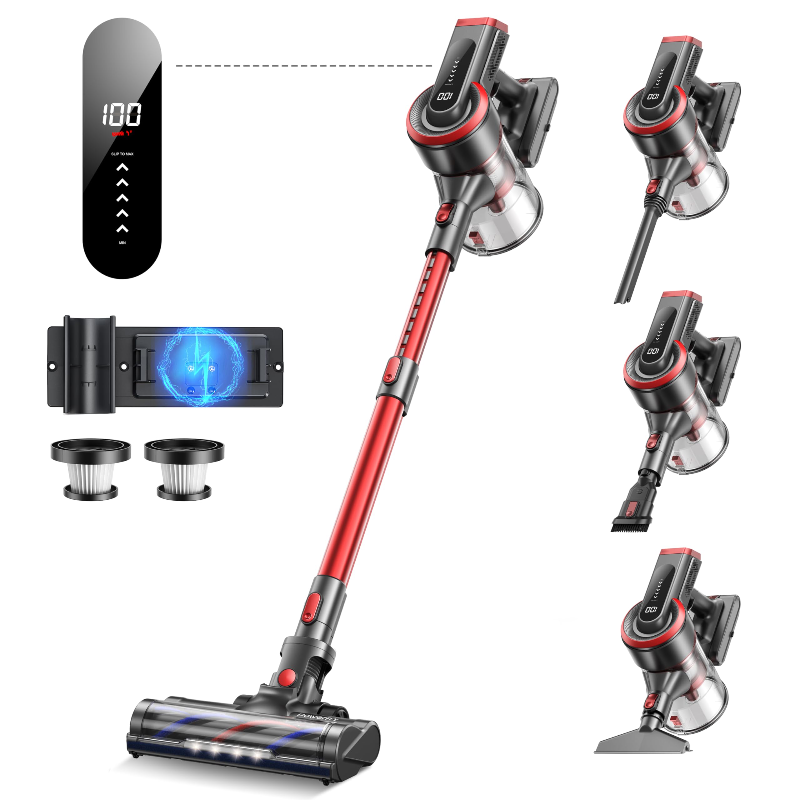 Powerffy Cordless Vacuum Cleaner, 40Kpa/450W Stick Vacuum Cleaner Up To 55 Mins Runtime With Led Touch Screen, Handheld Anti Tan