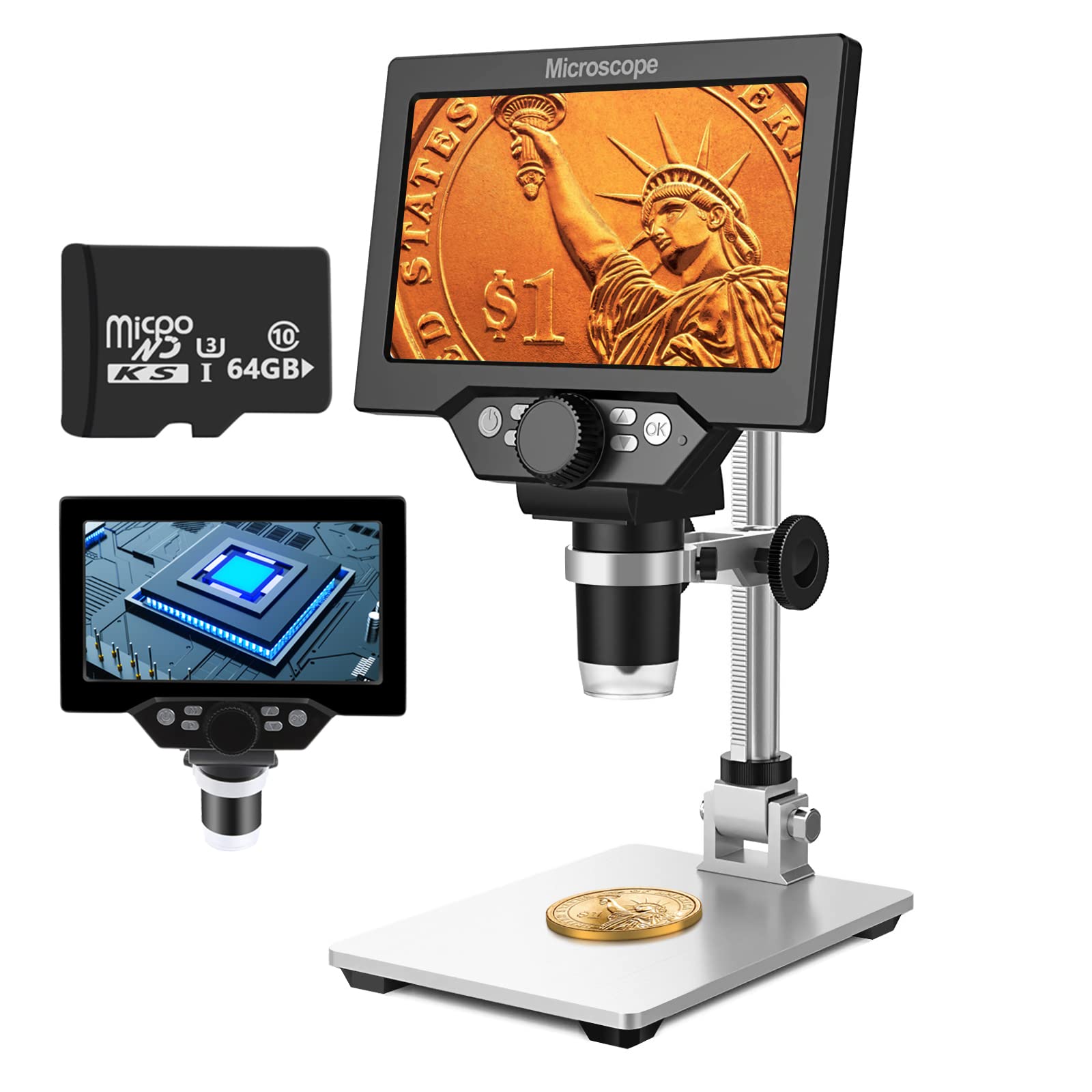 Uf Tools 7 Inch Lcd Digital Microscope With 64Gb Tf Card, 1200X Magnification, 12Mp Ultra Precise Focusing Camera 1080P Video Mi