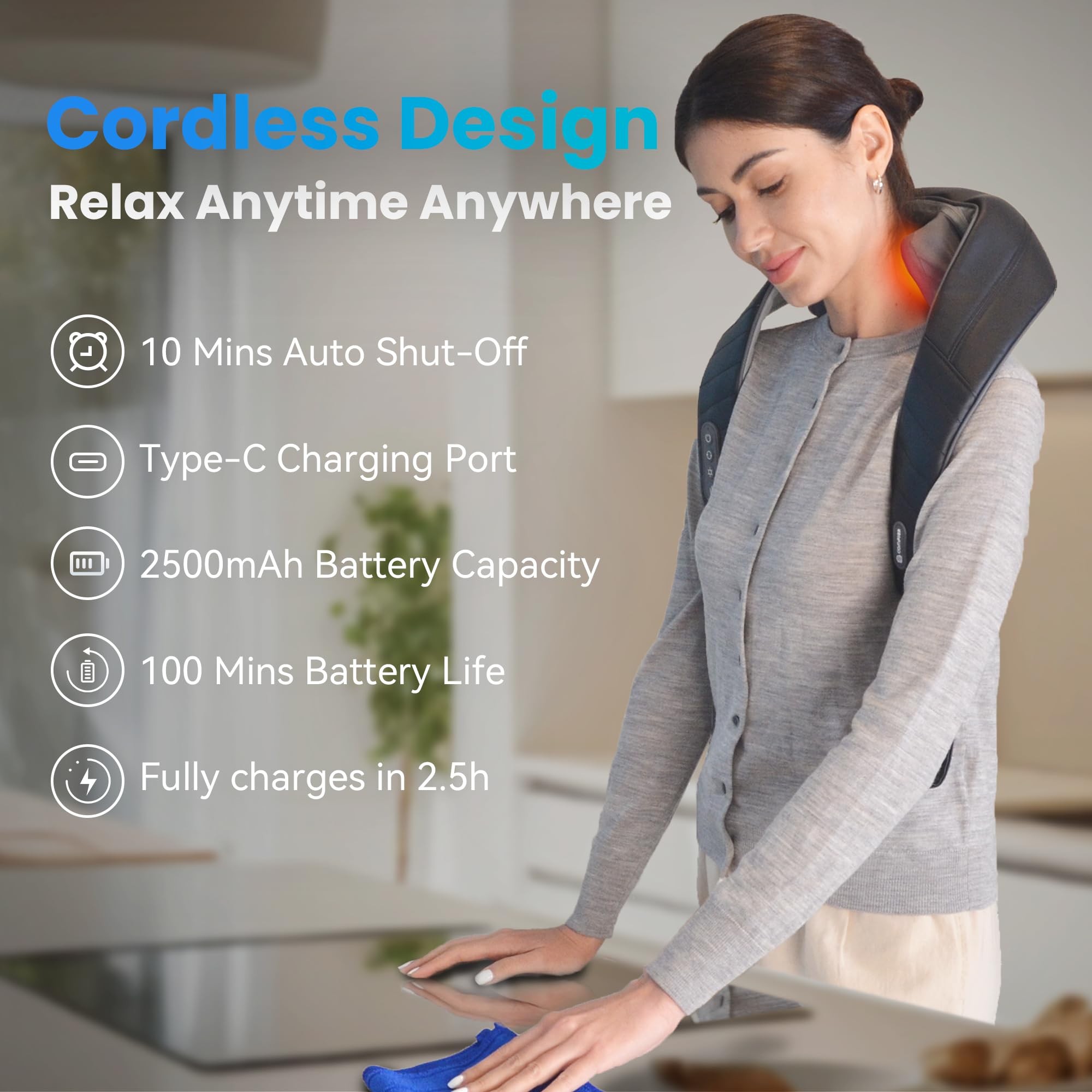 Comfier Cordless Neck Massager With Heat, 4D Kneading Neck And Shoulder Massager Deep Tissue, Shiatsu Neck Back Massager Pillow,