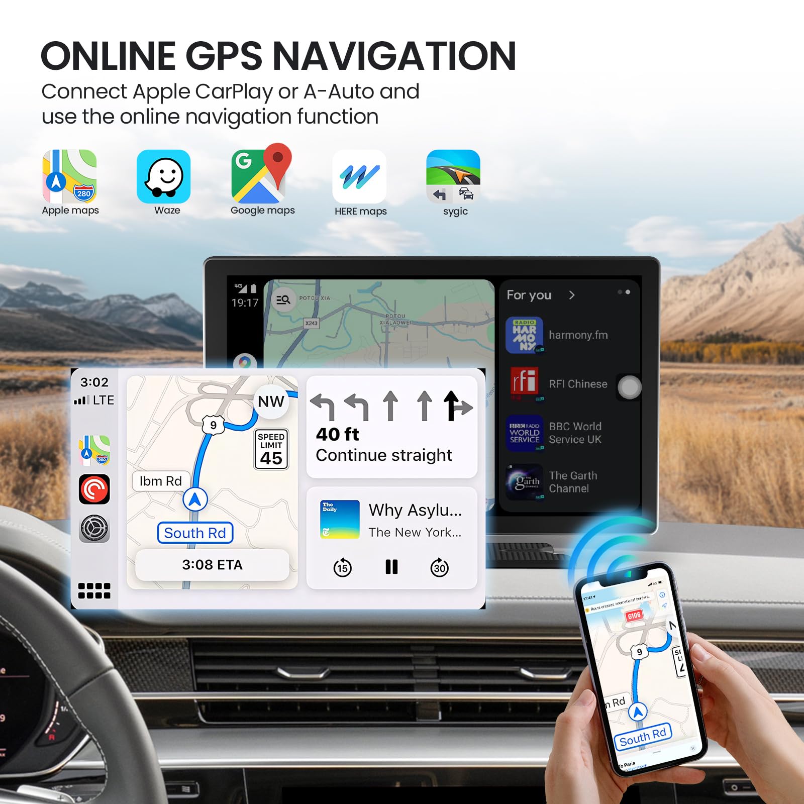 Tecxerllon 9'' Wireless Carplay Screen For Car, Portable Car Stereo With Apple Carplay & Android Auto, Car Audio Receivers With