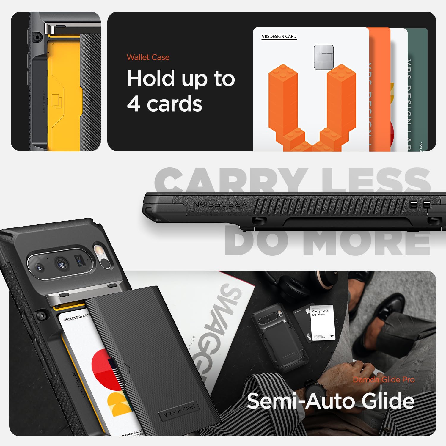 Vrs Design Damda Glide Pro Wallet Phone Case For Pixel 8 Pro, Sturdy Semi Auto Card Holder Wallet [4 Cards] Case Compatible For