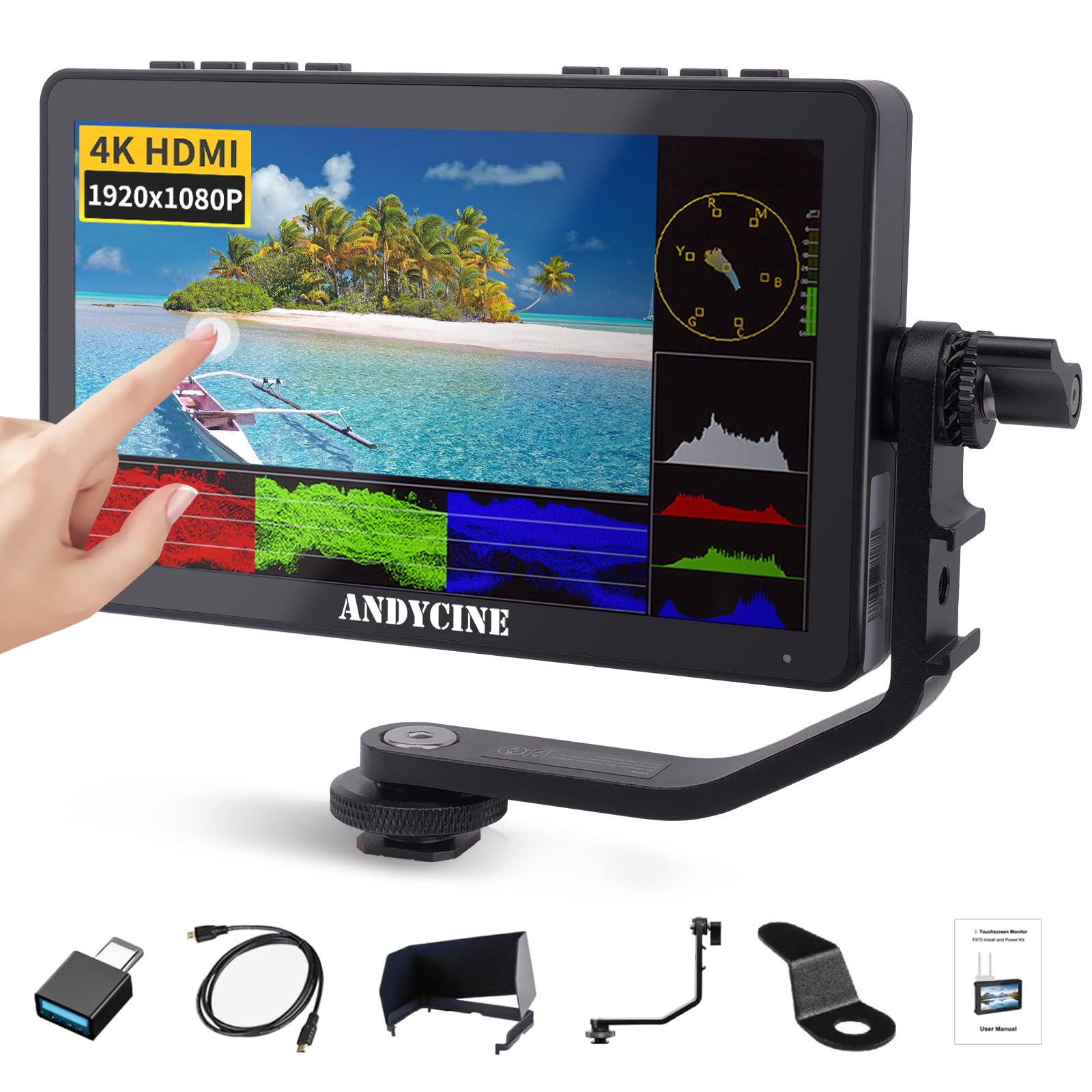 Andycine A6 Max 6 Inch Touch Screen Camera Hdmi Monitor Bundle + Battery+Carry Case+ Micro Cords With 3D Lut 1080P 4K Hdmi With