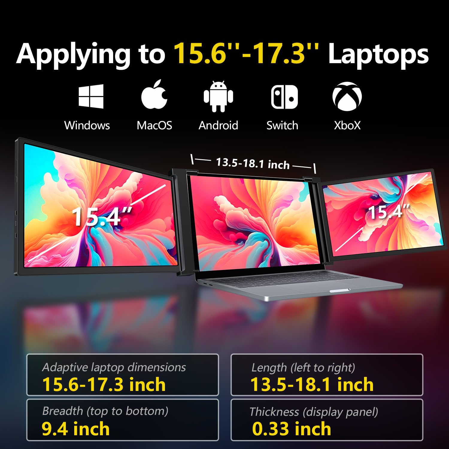Fqq 15.4    Triple Portable Monitor For 15.6 17.3    Laptops, 1080P Fhd Ips Laptop Screen Extender, Dual Monitor Display Compati
