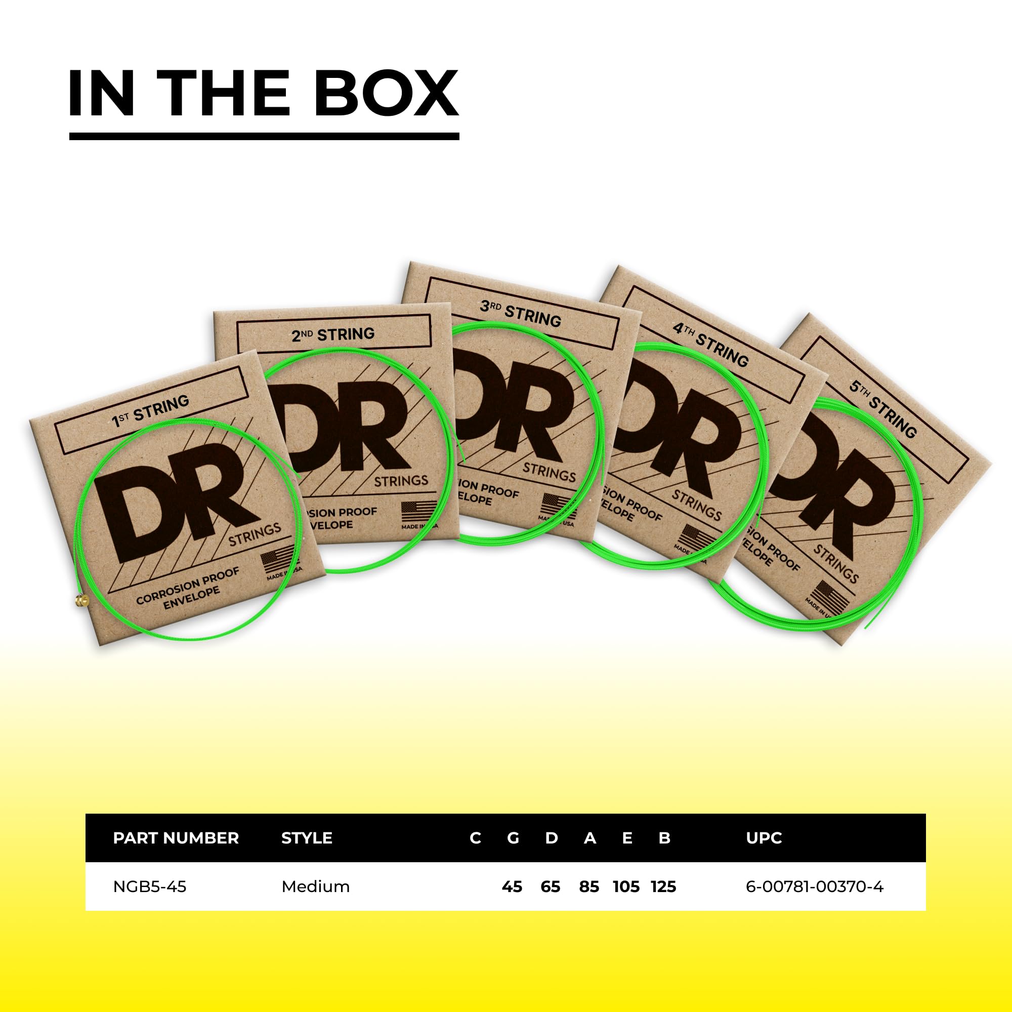 Dr Strings Ngb5-45 Hi-Def Neon Green K3 Coated Bass Guitar Strings - .045-.125 Medium 5-String