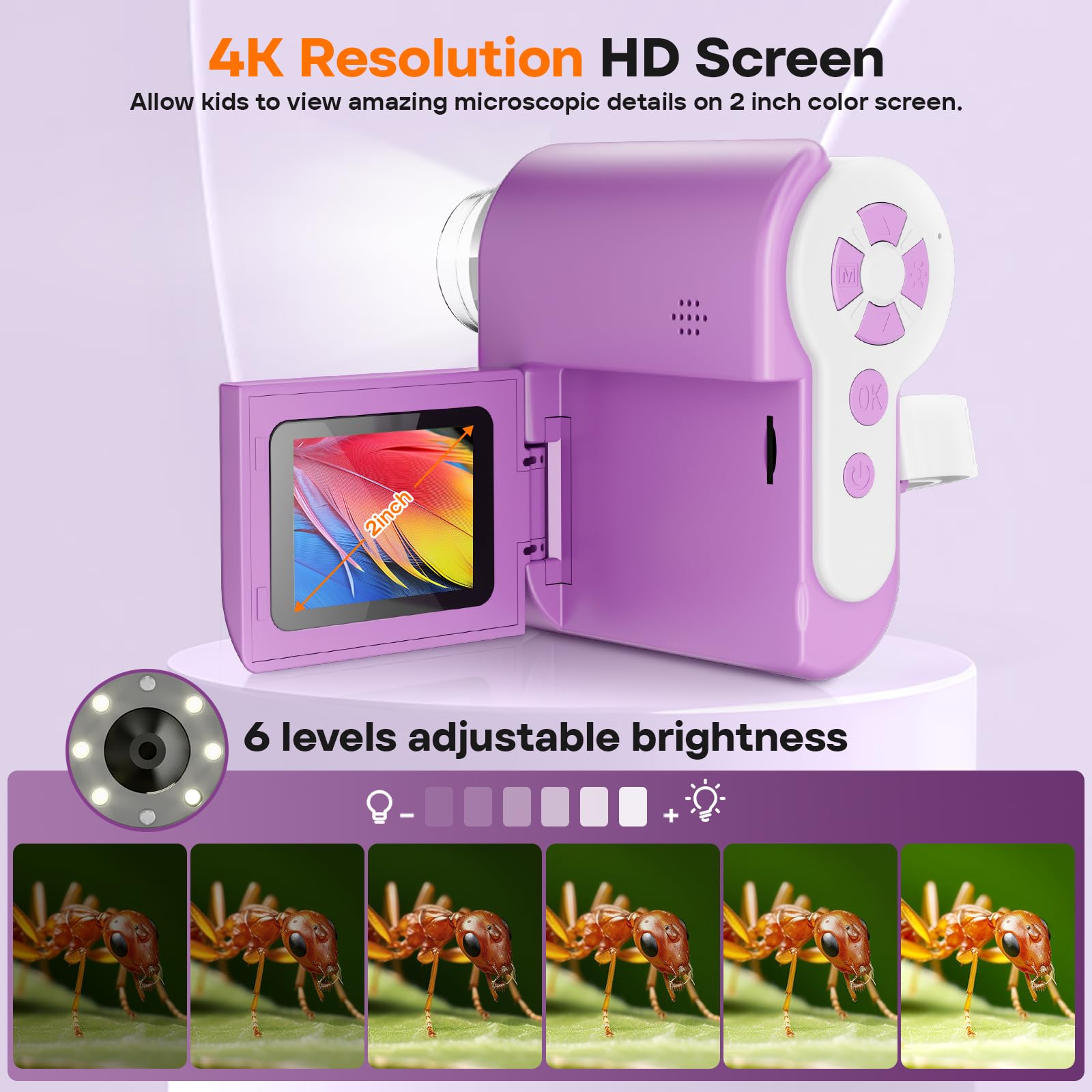 Lakwar Portable Handheld Microscope For Kids With 2 Inch Screen: 1000X Hd Digital Microscope For Kids Educational Science Kit, C