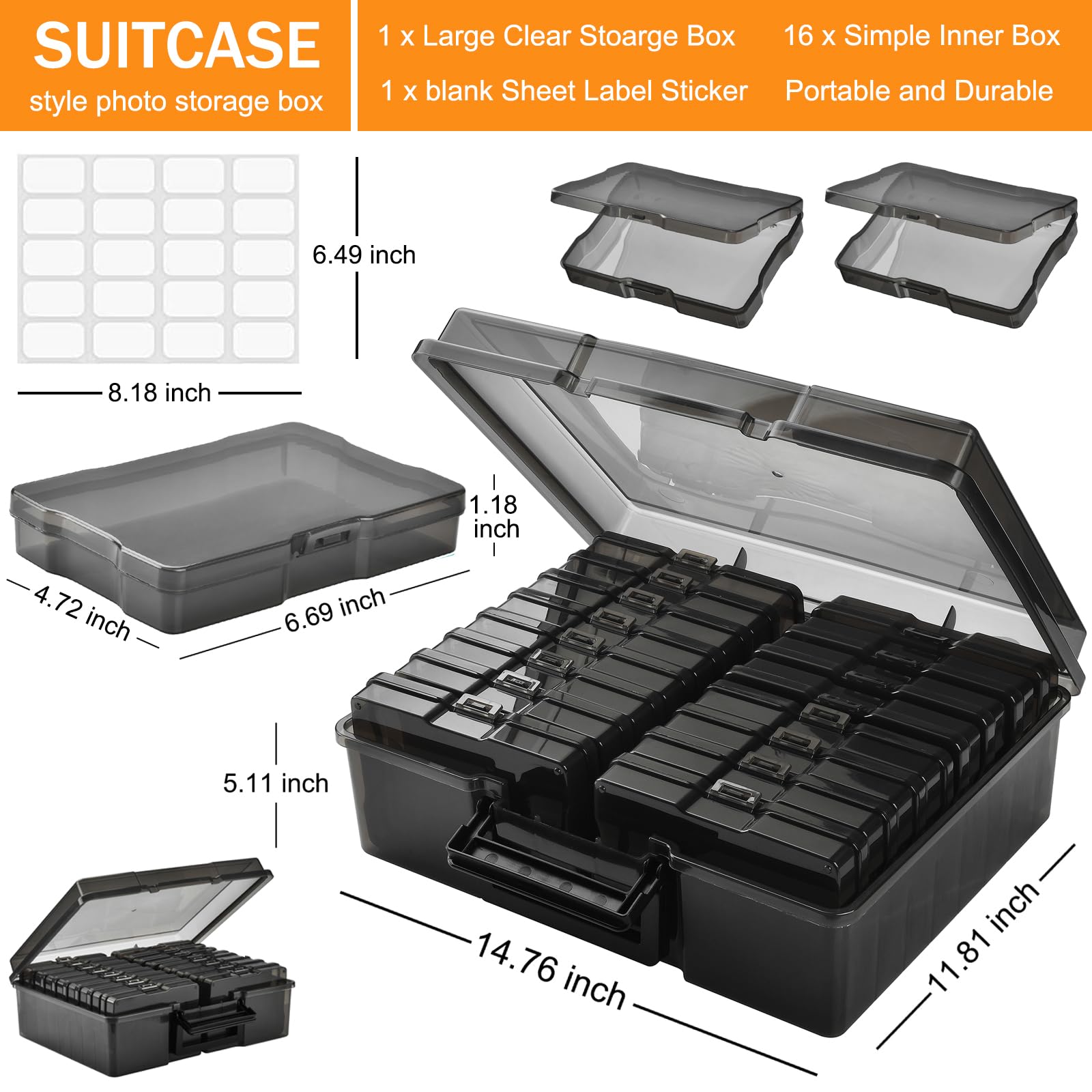 Alink Photo Storage Box With Handle, 4'' X 6'' Photo Organizer Storage Container With 16 Inner Case And 1 Sheet Label For Pictur