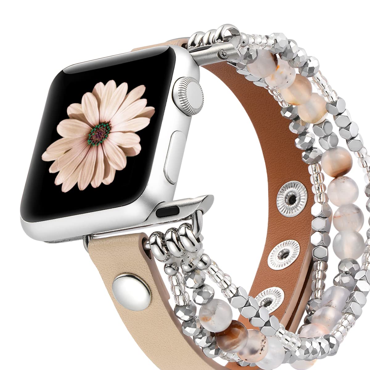 Fastgo Bracelet Band Compatible With Apple Watch 40Mm 38Mm 41Mm Women, Dressy Elastic Beaded Leather Strap For Iwatch Se&Series