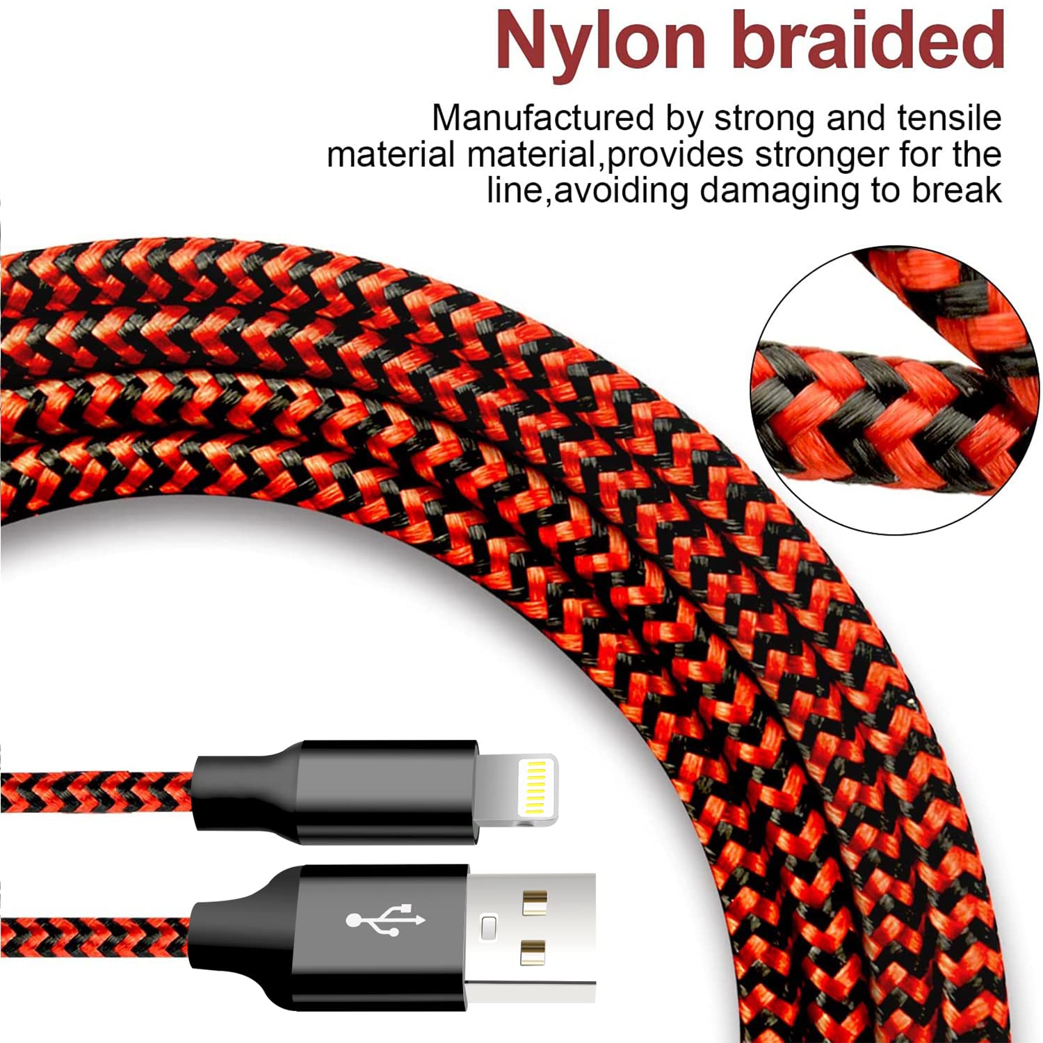 Cugunu Iphone Charger, 5 Pack 3/3/6/6/10Ft Apple Mfi Certified Usb Lightning Cable Nylon Braided Fast Charging Cord Compatible For Iphone 14/13/12/11/X/Max/8/7/6/5/Se/Plus/Ipad   Black Red