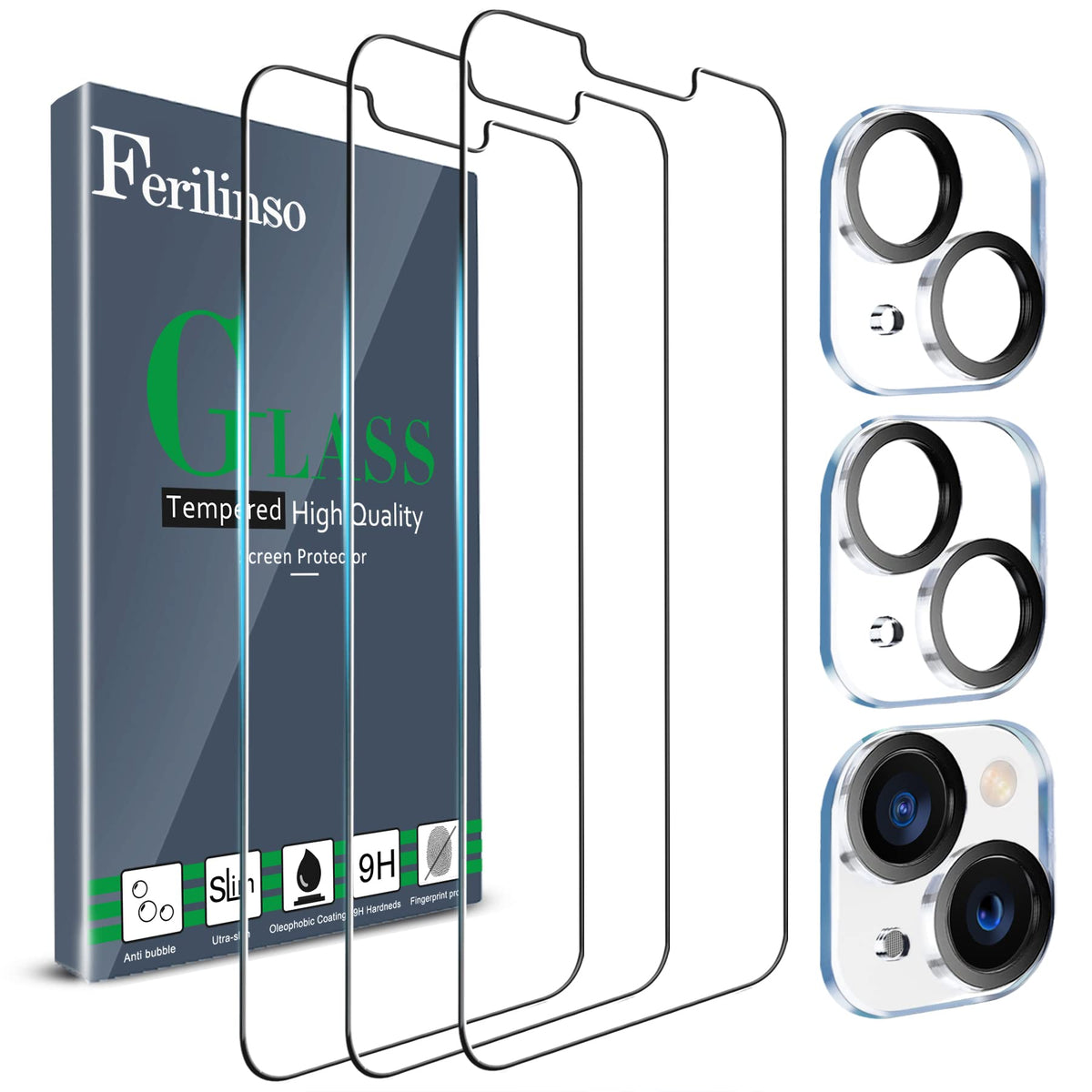Ferilinso Designed For Iphone 13 Mini Screen Protector, 3 Pack Hd Tempered Glass With 2 Pack Camera Lens Protector, Case Friendl