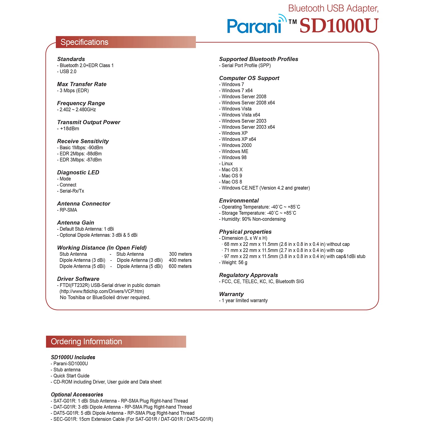 Sena Sd1000U Long Range Bluetooth-Usb Adapter For Serial Port Replacement