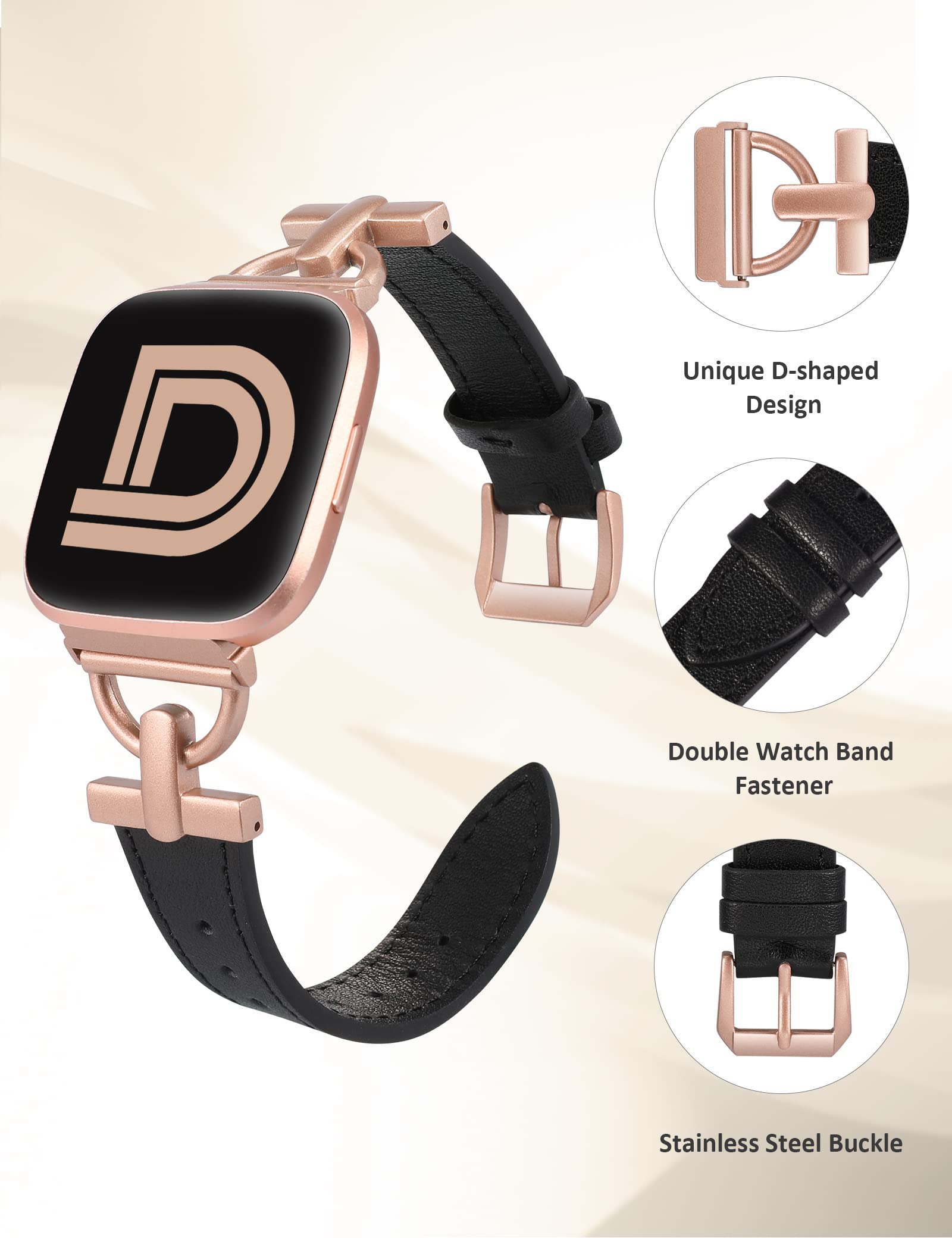 Wearlizer Leather Band Compatible With Fitbit Versa/Versa 2 Smart Watch - Dressy Slim Leather Strap Wristband With D-Shape Metal
