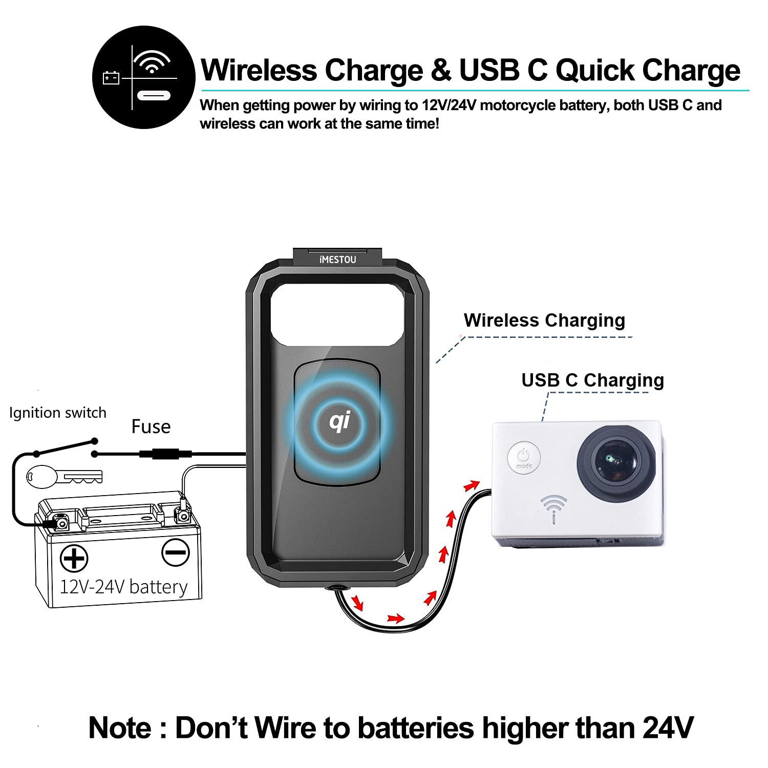 Imestou Waterproof Ip67 Motorcycle Phone Mount Wireless/Usb C Charger Handlebar Cellphone Holder Quick Charge For 5.5''-6.8'' Ph
