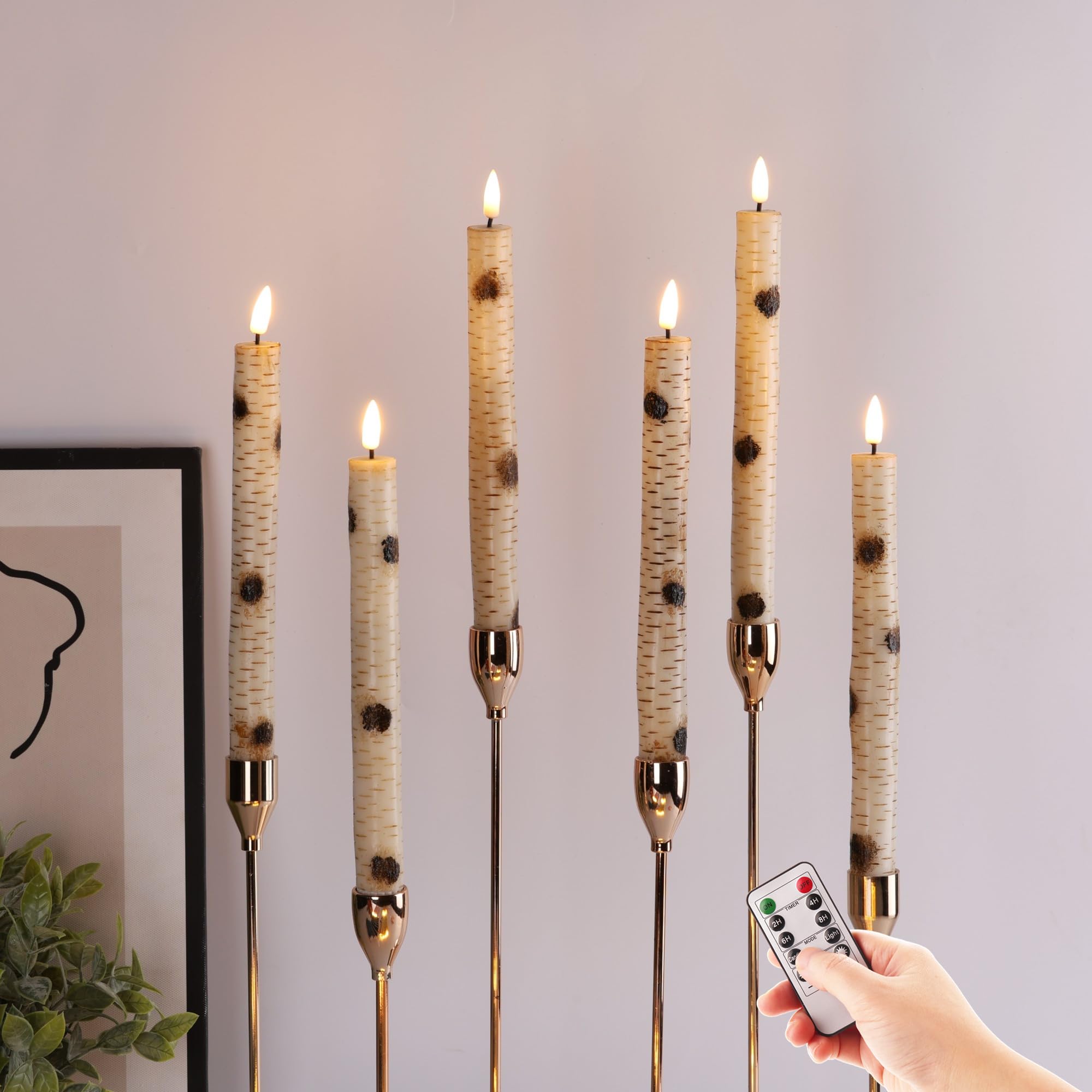 Girimax Birch Bark Flameless Taper Candles With Remote, Flickering Battery Operated Led Candlesticks Set Of 6
