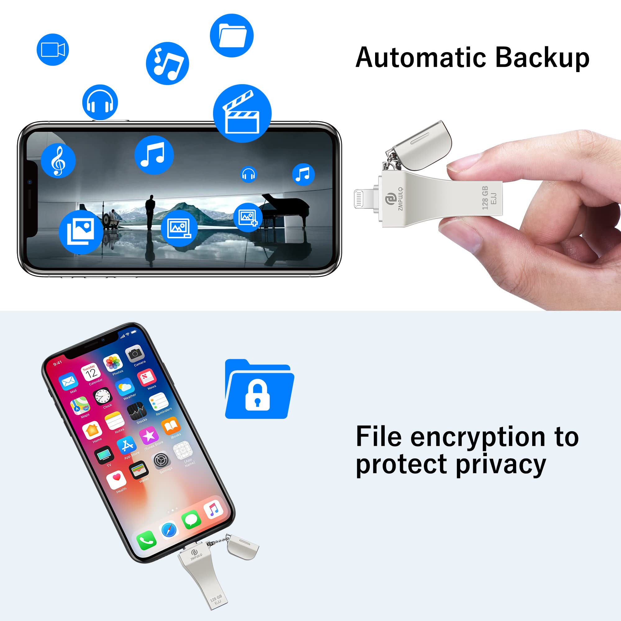 PL ZMPWLQ 128GB Photos-Stick for iPhone - Apple MFi Certified USB Flash Drive, Silver, Model PL202