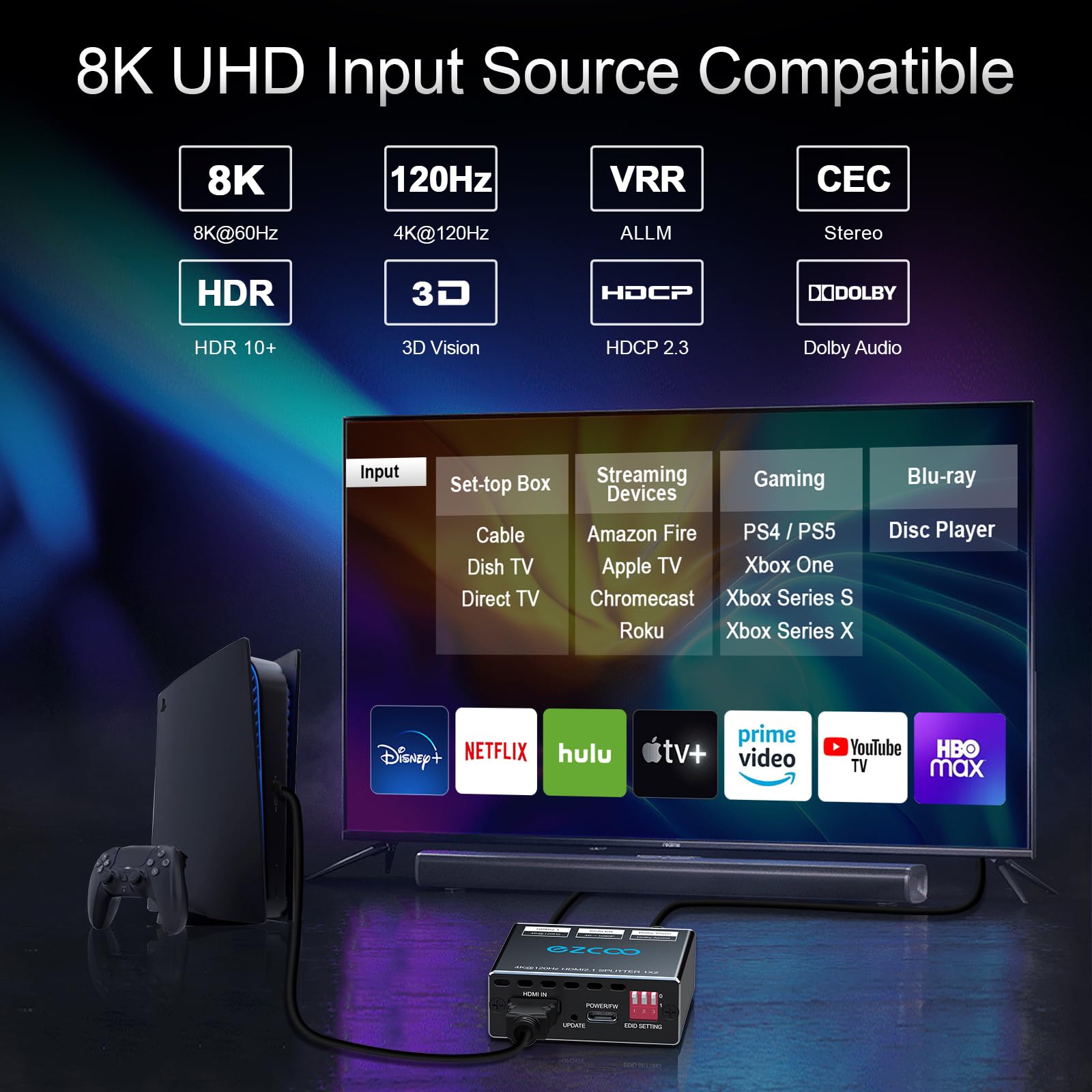 Hdmi 2.1 Splitter 4K 120Hz 8K 60Hz 1 In2 Out Vrr Allm Hdcp2.3 Hdr10 8Kuhd Dolby Vision Atmos Scaler 4K Edid 1080P Dual Monitors