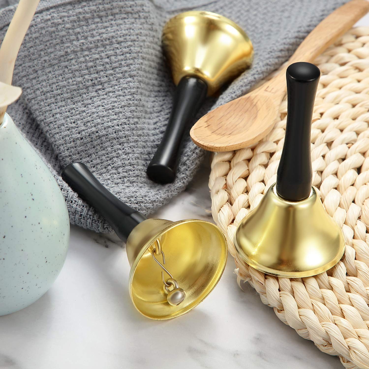 24 Pieces Hand Bells Silver Steel Service Handbells Black Wooden Handle Diatonic Metal Bells Musical Percussion (Gold)