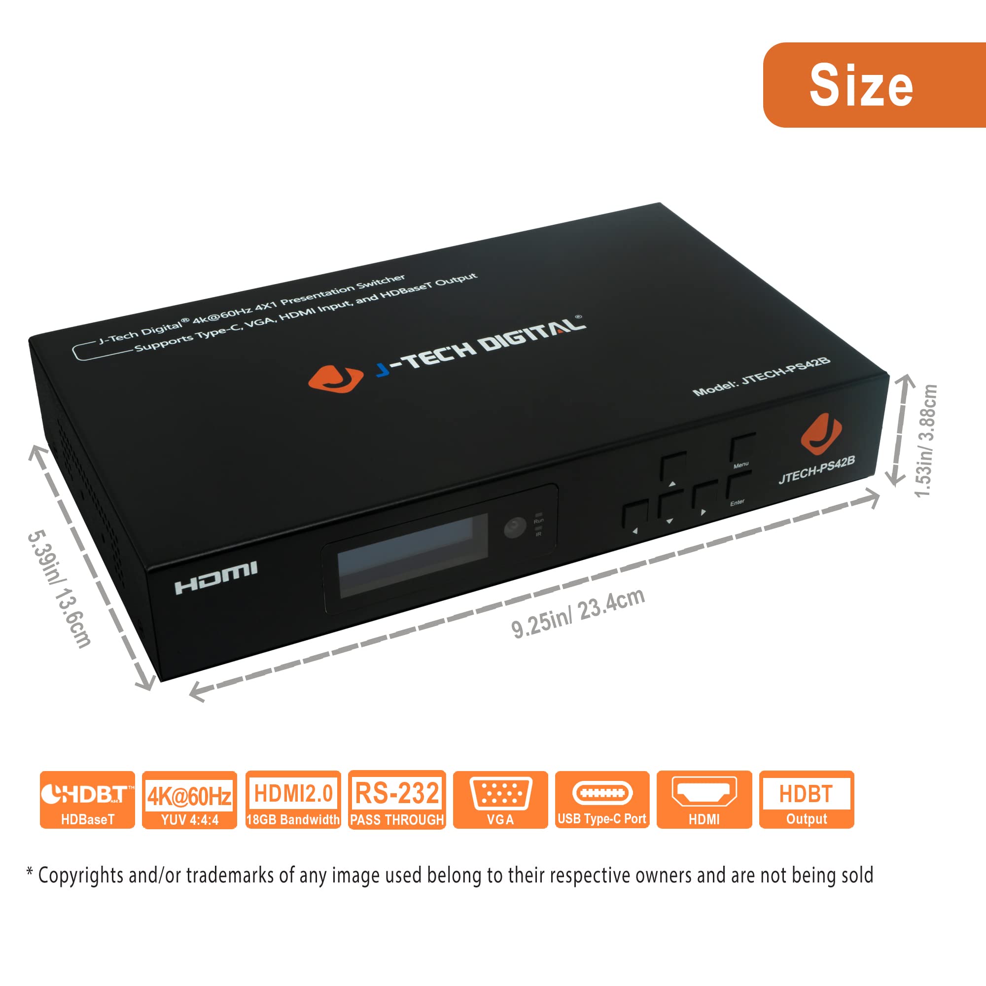 J Tech Digital Multi Input 4K Hdmi Vga Usb C Presentation Switch W/Hdbaset Extension [Jtech Ps42B]