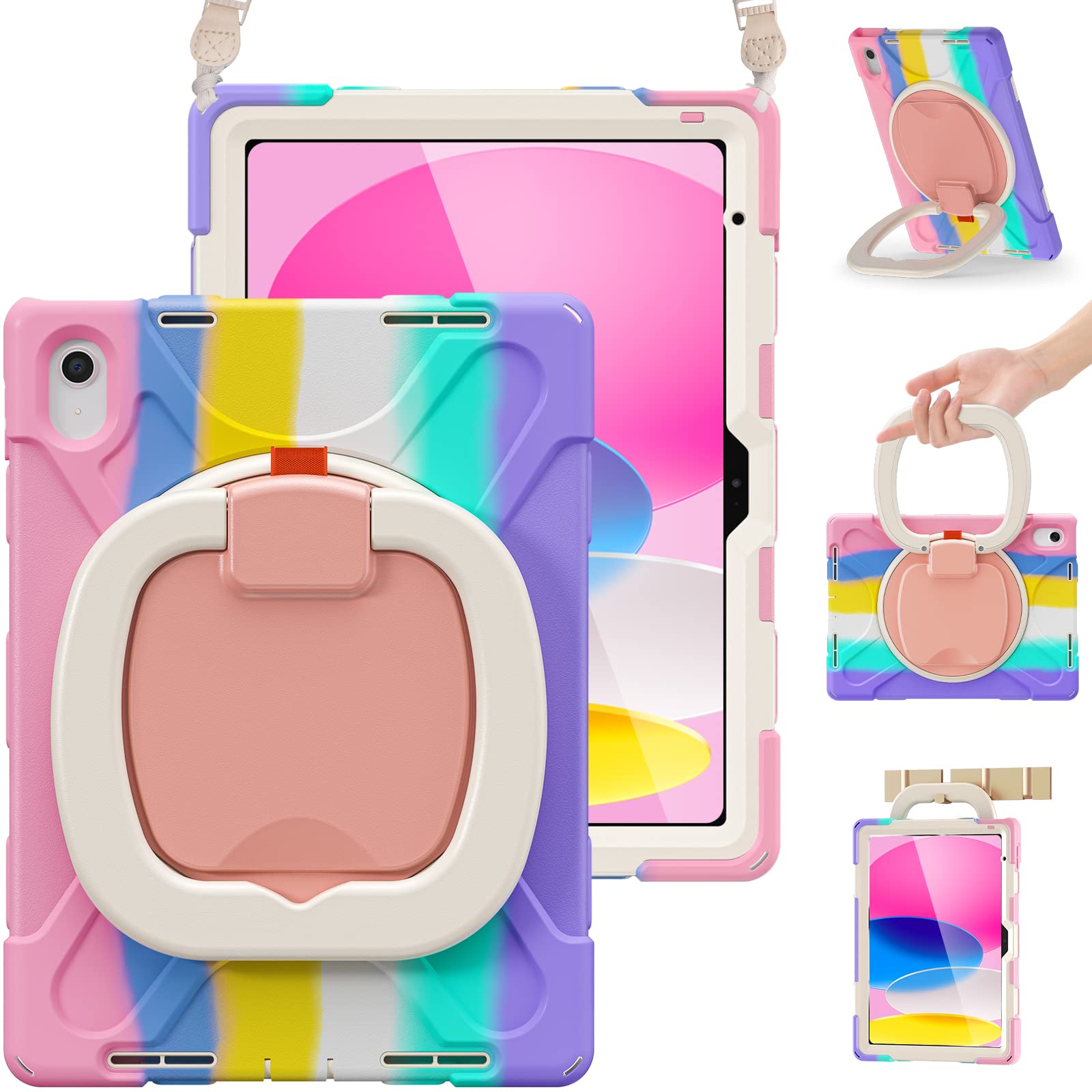 Braecn Kids Case For Ipad 10Th Generation 2022 10.9 A2696 A2757 A2777, Heavy Duty Rugged Silicone Case W/Swivel Ring Stand/Stabl