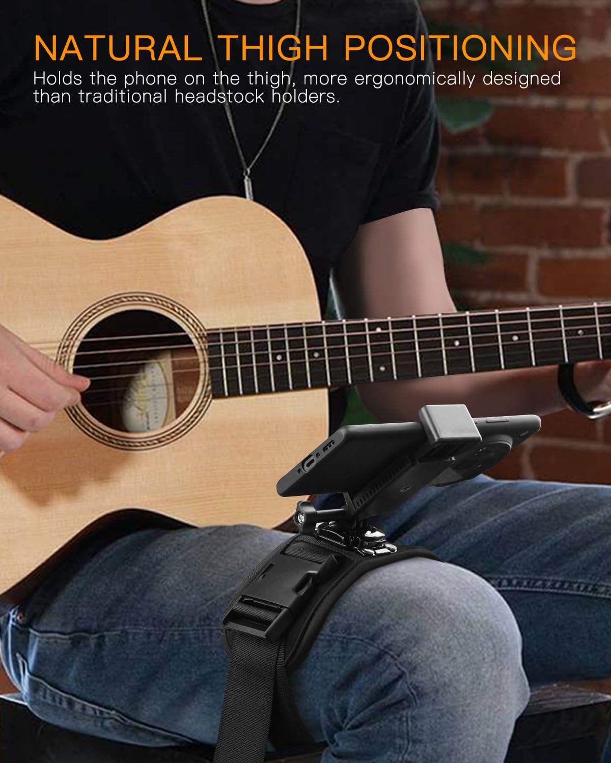 Jishahs Guitar Phone Holder Mount   Phone Strap For Guitar Players   Natural Thigh Positioning   Adjustable Angle   Compatible W