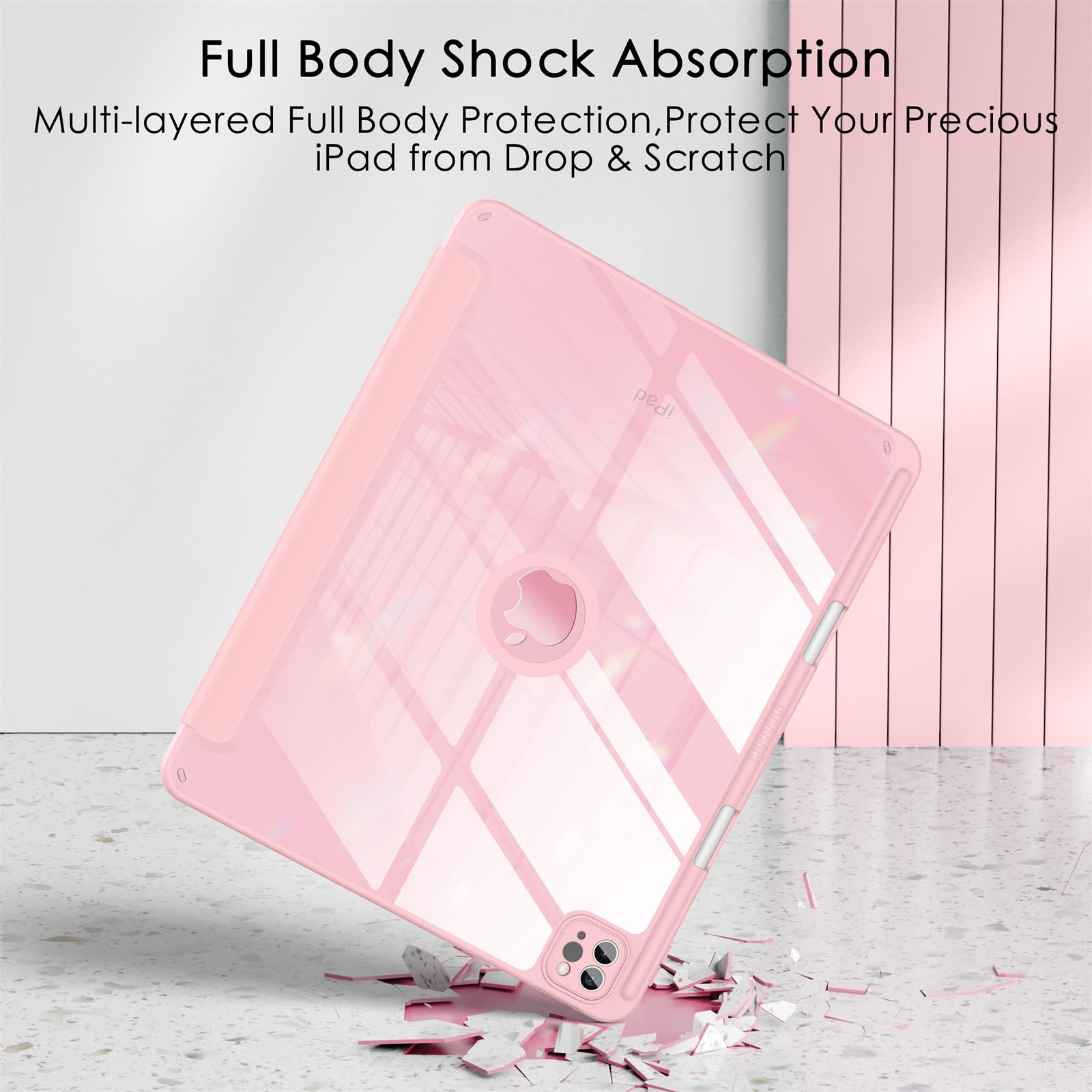 Soke Case For Ipad Air 13 M2 2024/Pro 12.9 (6Th/5Th/4Th Generation, 2022/2021/2020)   Pencil Holder+Auto Sleep/Wake+Camera Protection, Shockproof Back Cover For Ipad Pro 12.9 Inch, Light Pink