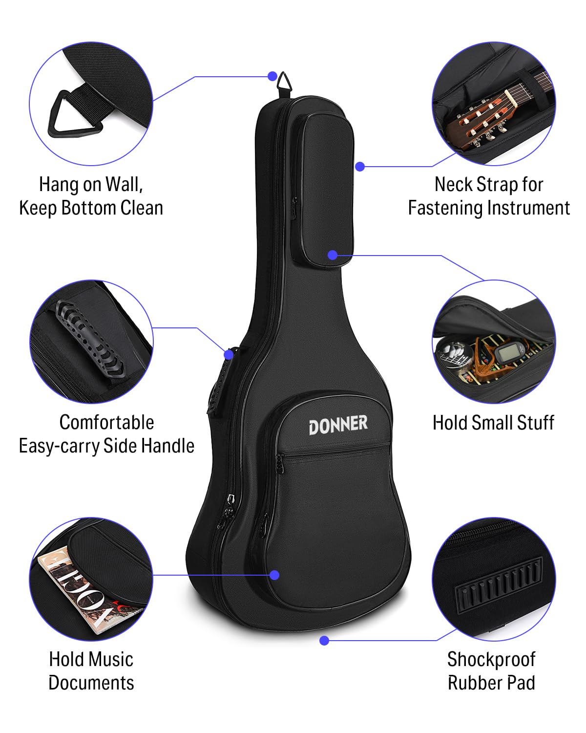 Donner 40 41 Inch Acoustic Guitar Bag, 0.4 Inch Thick Padding Waterproof Guitar Case Gig Bag Adjustable Shoulder Strap With Back