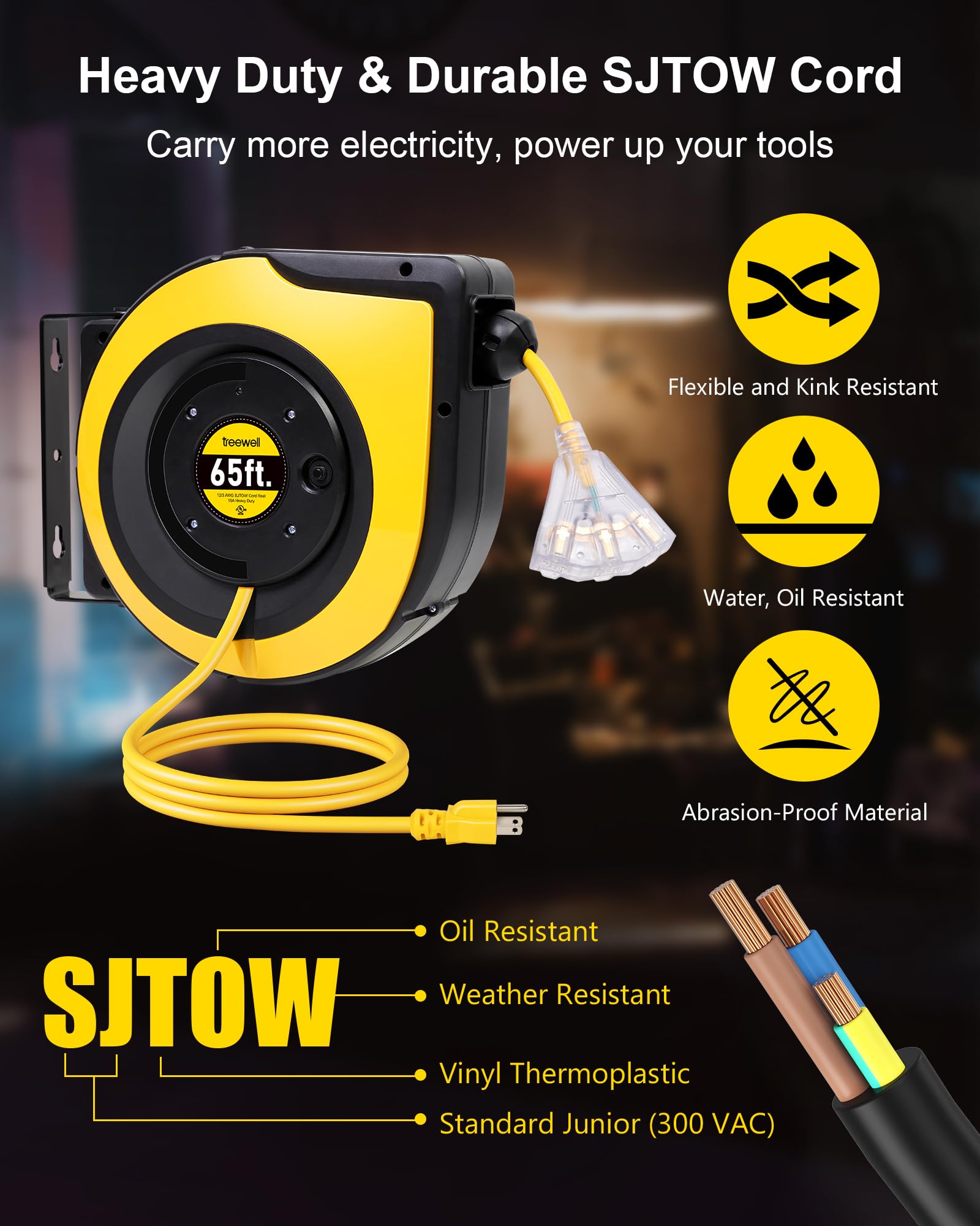 Treewell 65Ft Retractable Extension Cord Reel, 12Awg/3C Sjtow Heavy Duty Power Cord With Lighted Triple Outlets, 15A Circuit Bre