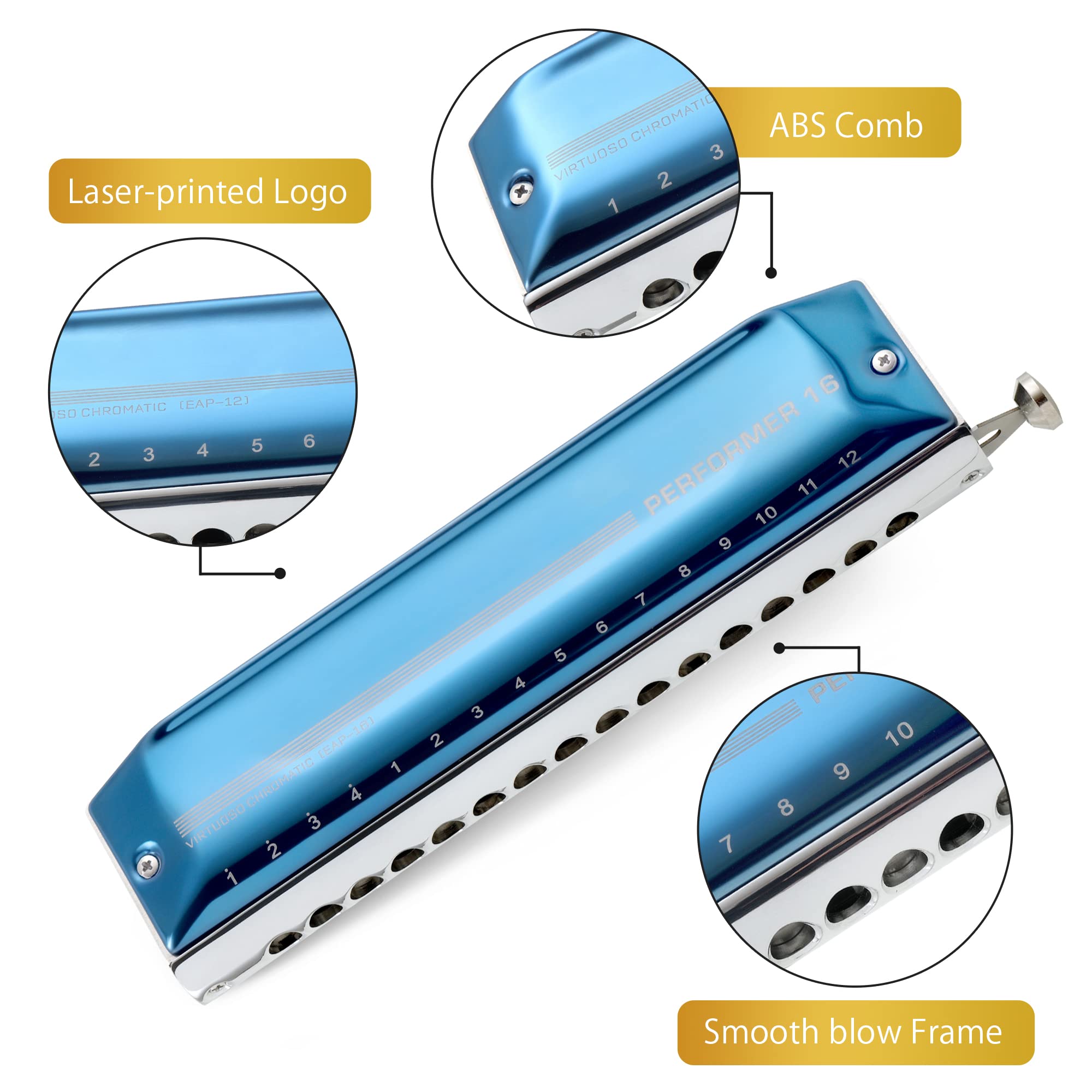 East Top Chromatic Harmonica 16 Hole 64 Tone Key Of C, Professional Mouth Organ Advanced Harmonica For Adults, Students And Harm