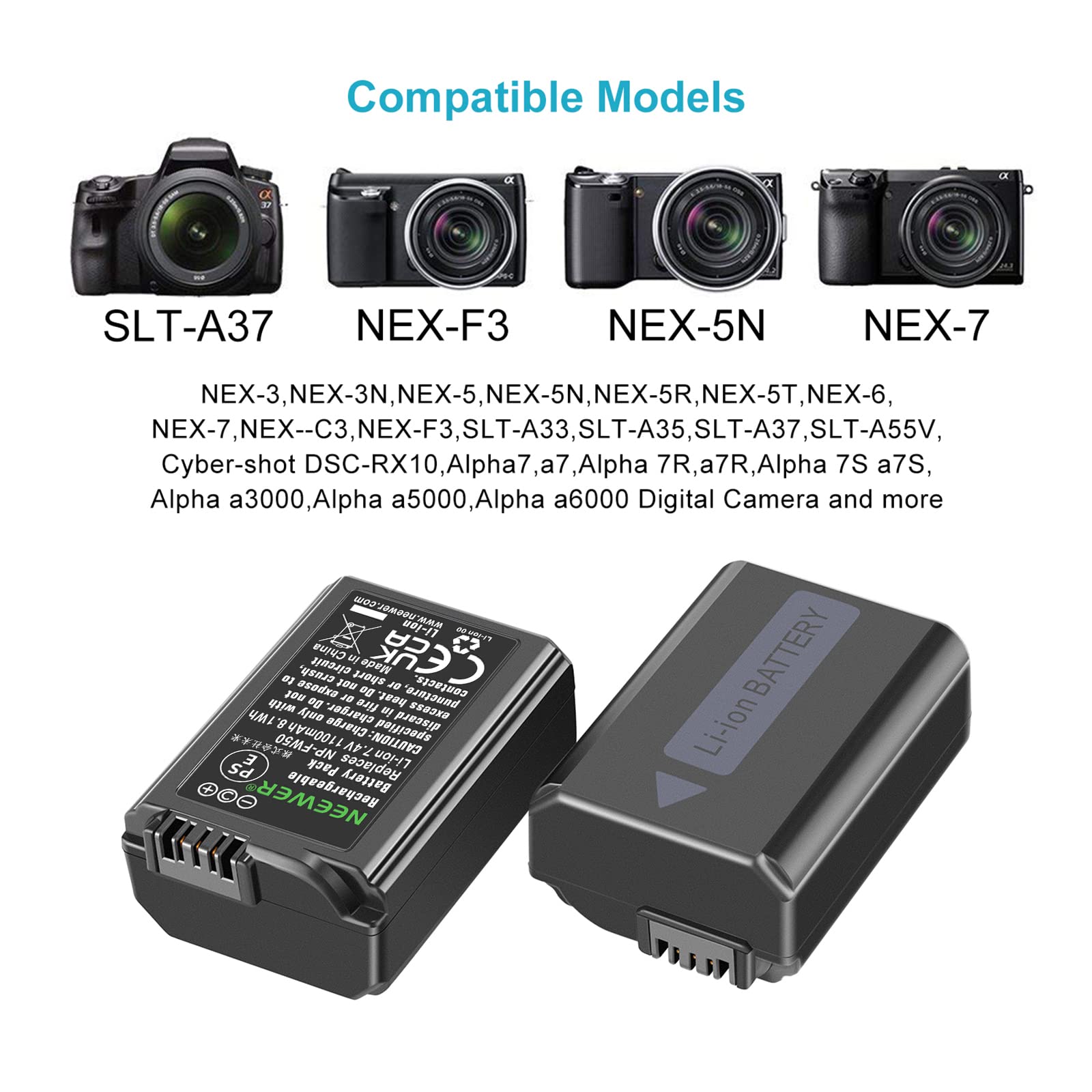 Neewer Np Fw50 Camera Battery Charger Set Compatible With Sony Zv E10, A7, A7R, A7Rii, A7Ii, A7Sii, A7S, A3000, A5000, A6000, A6