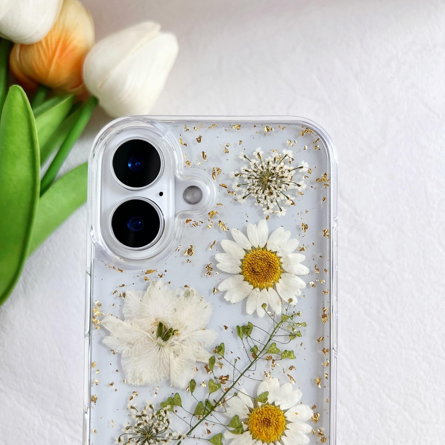 Lseeka For Iphone 16 Plus Clear Case With Pressed Real Flowers Design,Glitter Cute White Floral Pattern Slim Soft Tpu Protective